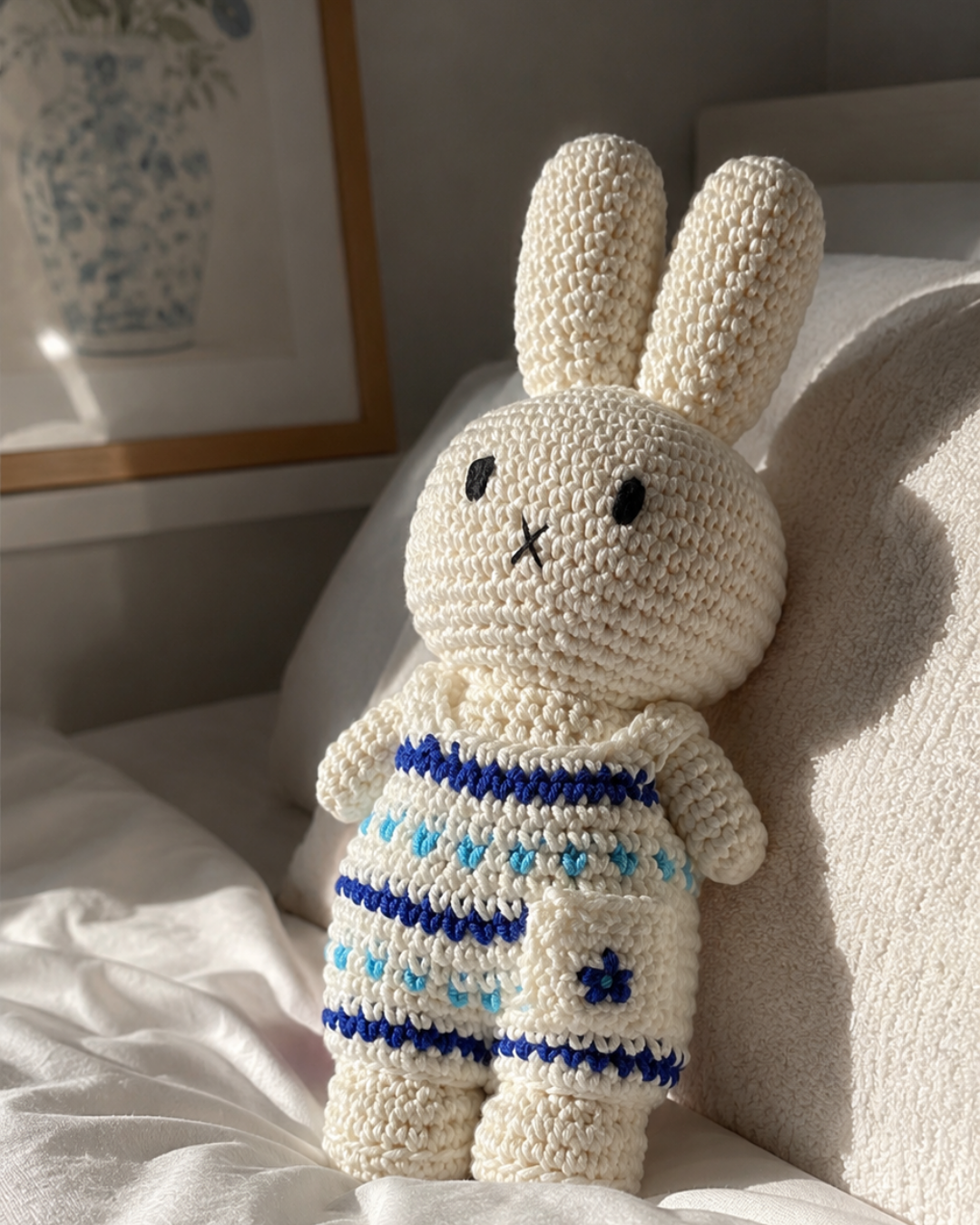 A handmade crocheted bunny doll with long ears sits on a white bed in soft natural light. The bunny is cream-colored with embroidered black eyes and a stitched mouth, wearing a blue and light blue striped sweater and matching pants with a small blue flower patch on the pocket.