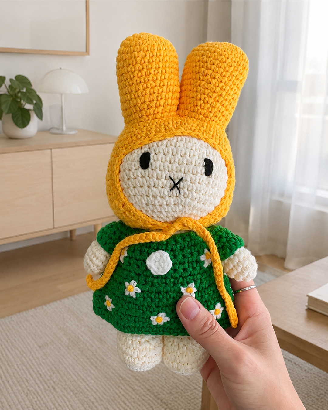 A handmade crocheted bunny doll wearing a yellow hood and a green dress with daisy flowers, held by a person's hand in a bright, modern room.