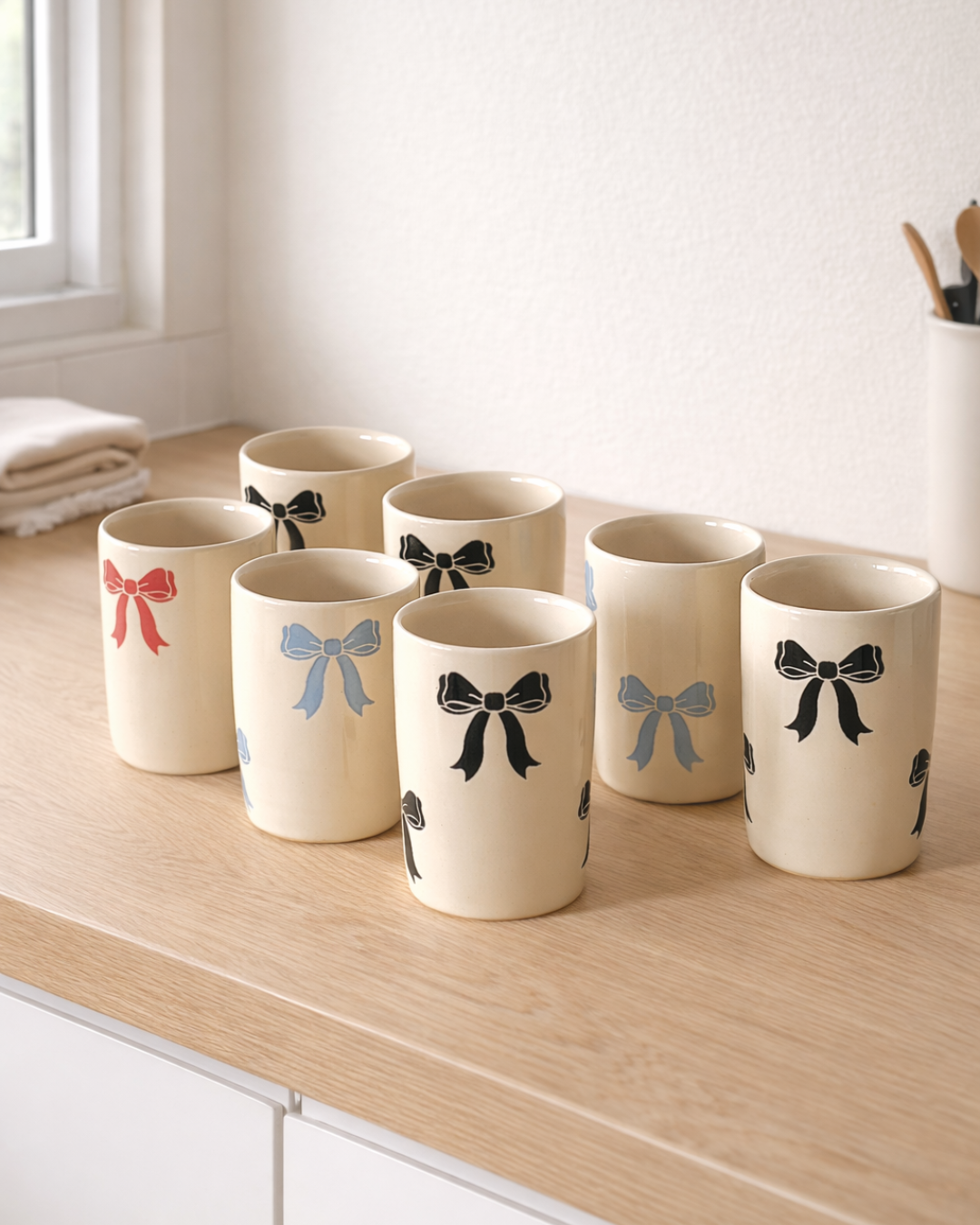 Collection of handmade ceramic bow coffee mugs arranged on a wooden counter, aesthetic ceramic mugs for coffee station decor and cozy coffee aesthetic