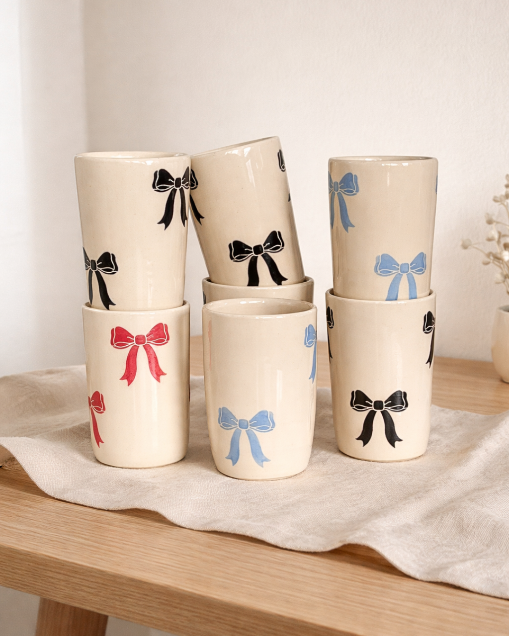 Handmade ceramic bow mug set stacked on soft linen cloth, aesthetic ceramic coffee mugs with black blue and red bows for cozy coffee bar decor