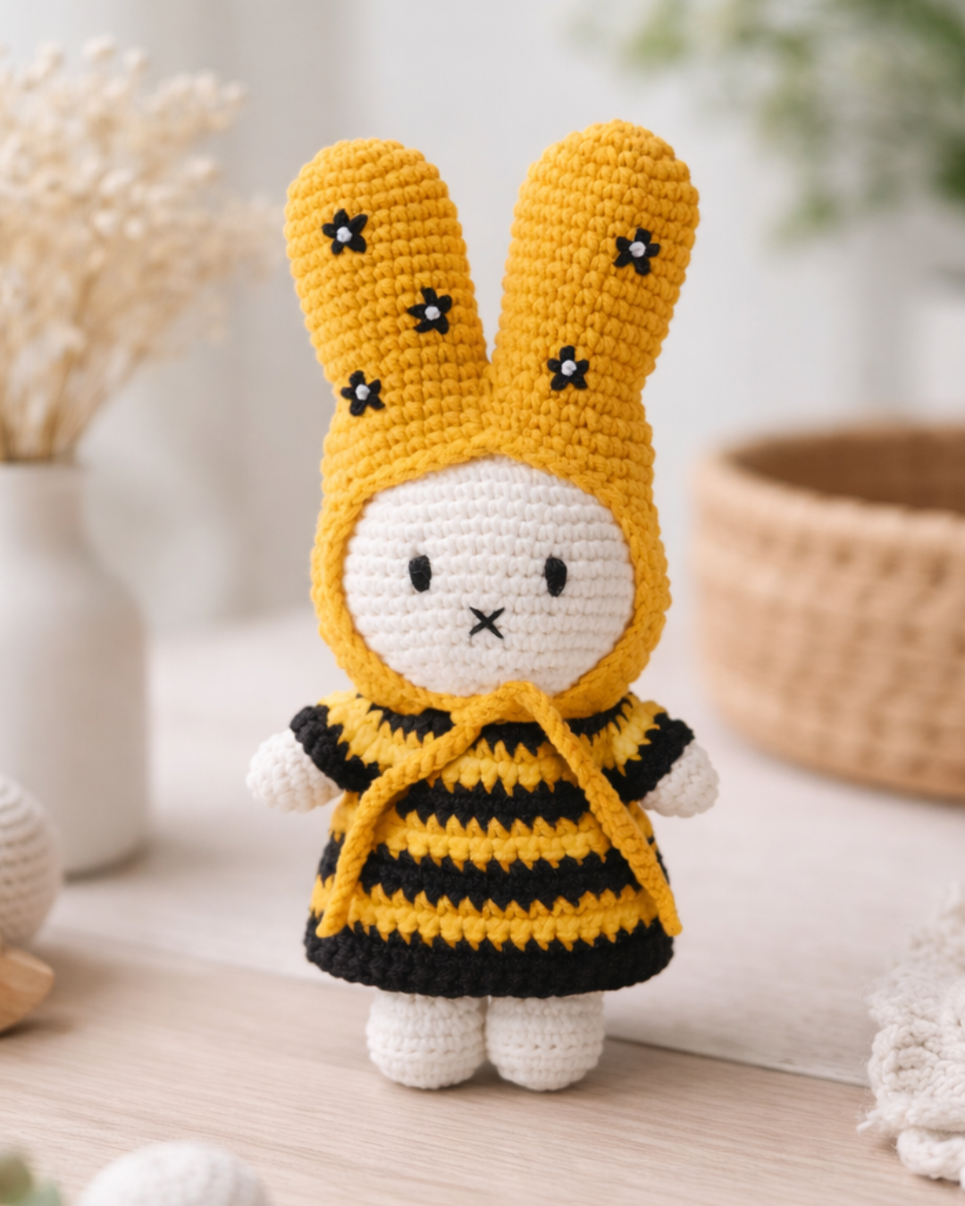 Cute handmade crochet Miffy plush dressed as a bee with yellow hood and striped dress, amigurumi bunny plush toy for nursery decor or baby gift