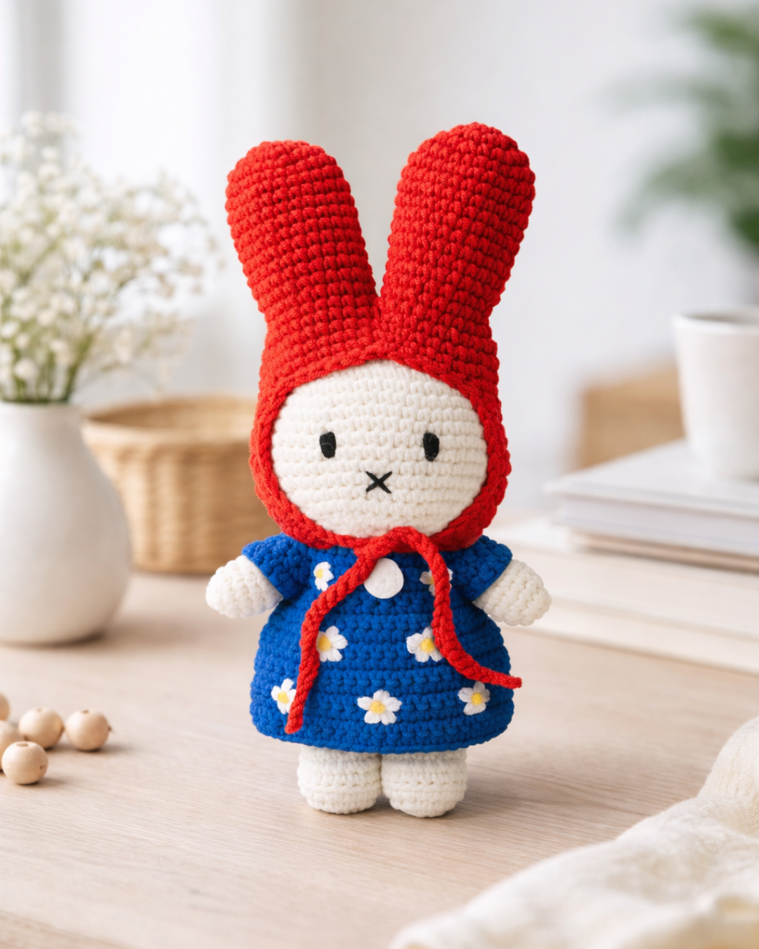 Cute handmade crochet Miffy plush wearing a red bonnet and blue daisy dress, amigurumi bunny stuffed animal for nursery decor or baby gift