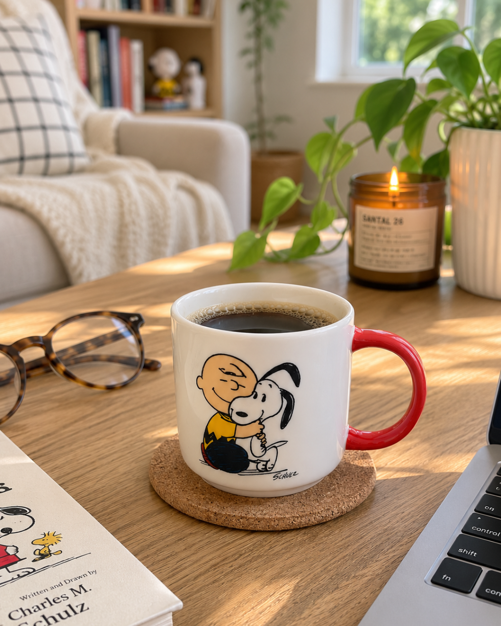 A red-handled Snoopy mug featuring Charlie Brown and Snoopy rests on a cork coaster on a coffee table, styled with a lit candle, potted plants, glasses, and a Peanuts book.