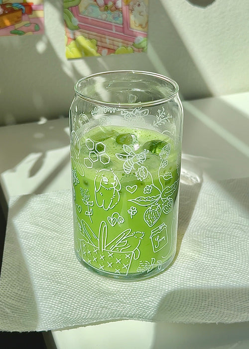 16 oz Honey Bunny iced coffee glass with bunnies, bees, and wildflowers