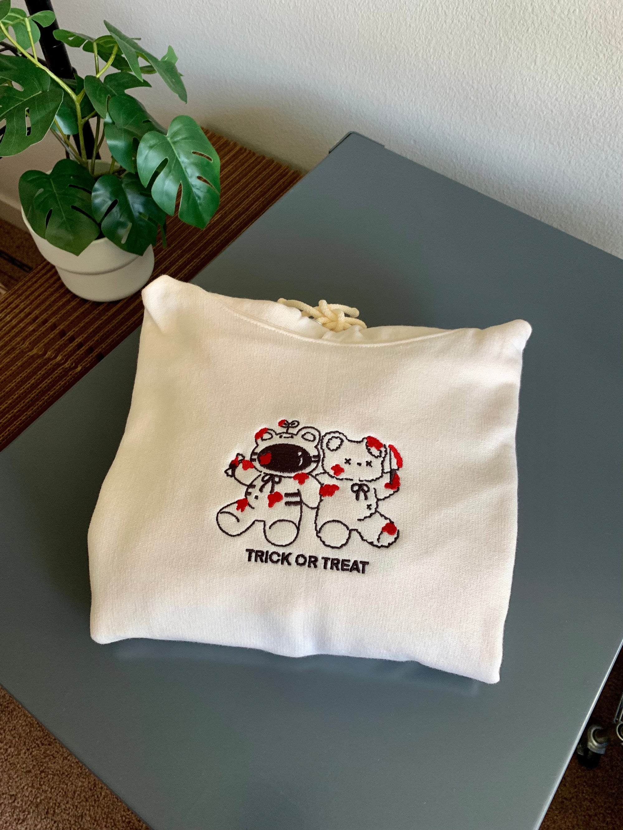 [Studio Sample] Trick or Treat Embroidered Hoodie – Ivory Halloween Hoodie for Spooky Cute Fits