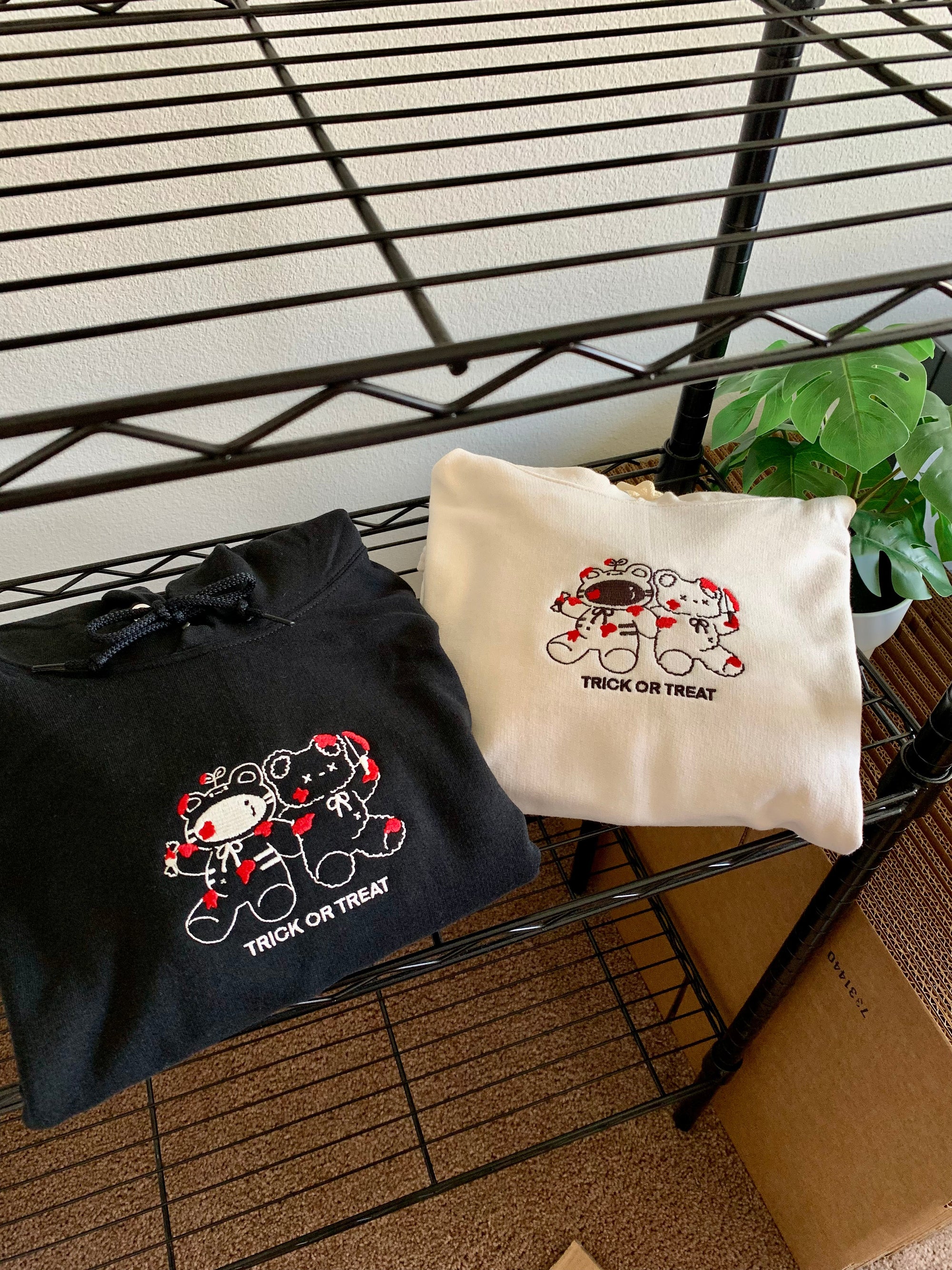 [Studio Sample] Trick or Treat Embroidered Hoodie – Ivory Halloween Hoodie for Spooky Cute Fits