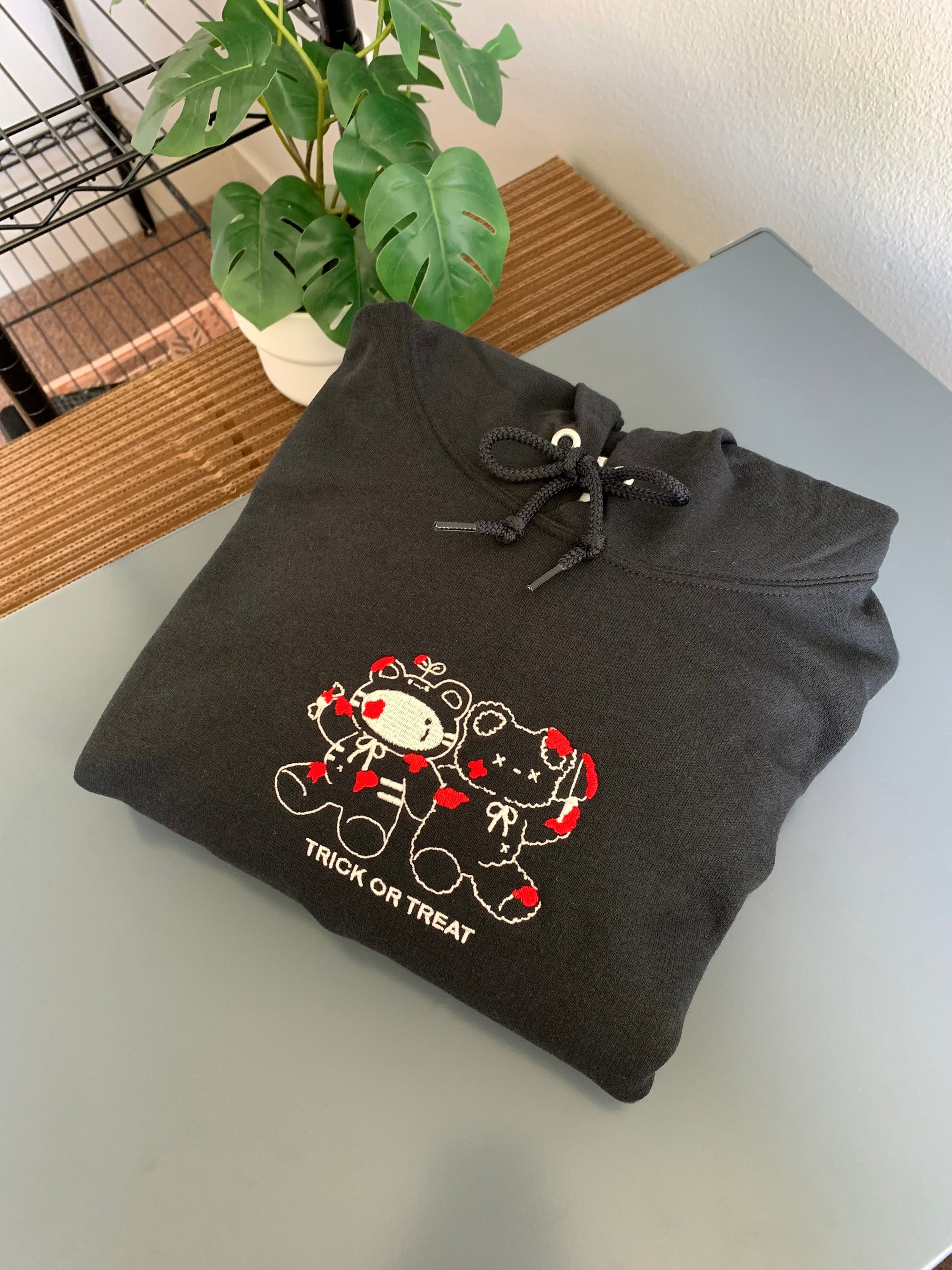 [Studio Sample] Trick or Treat Embroidered Hoodie – Ivory Halloween Hoodie for Spooky Cute Fits