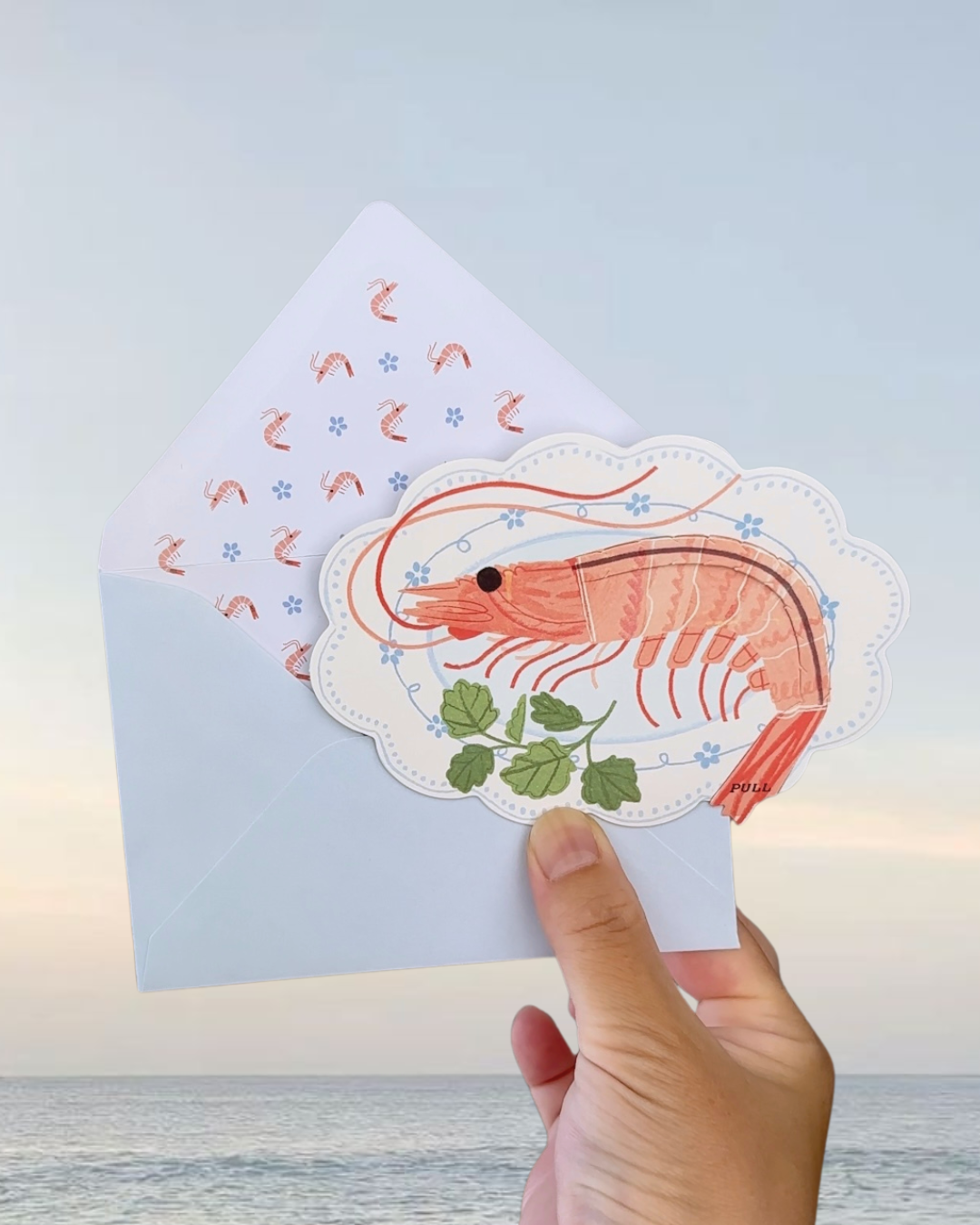 Shrimp card with patterned envelope – quirky gift idea for friends