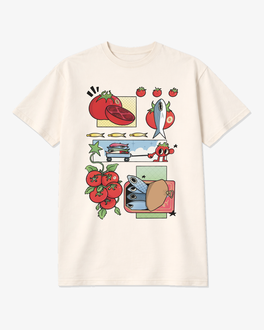 Ivory unisex graphic tee featuring quirky comic-style illustrations of tomatoes and sardines, inspired by pantry food culture and indie art aesthetics.