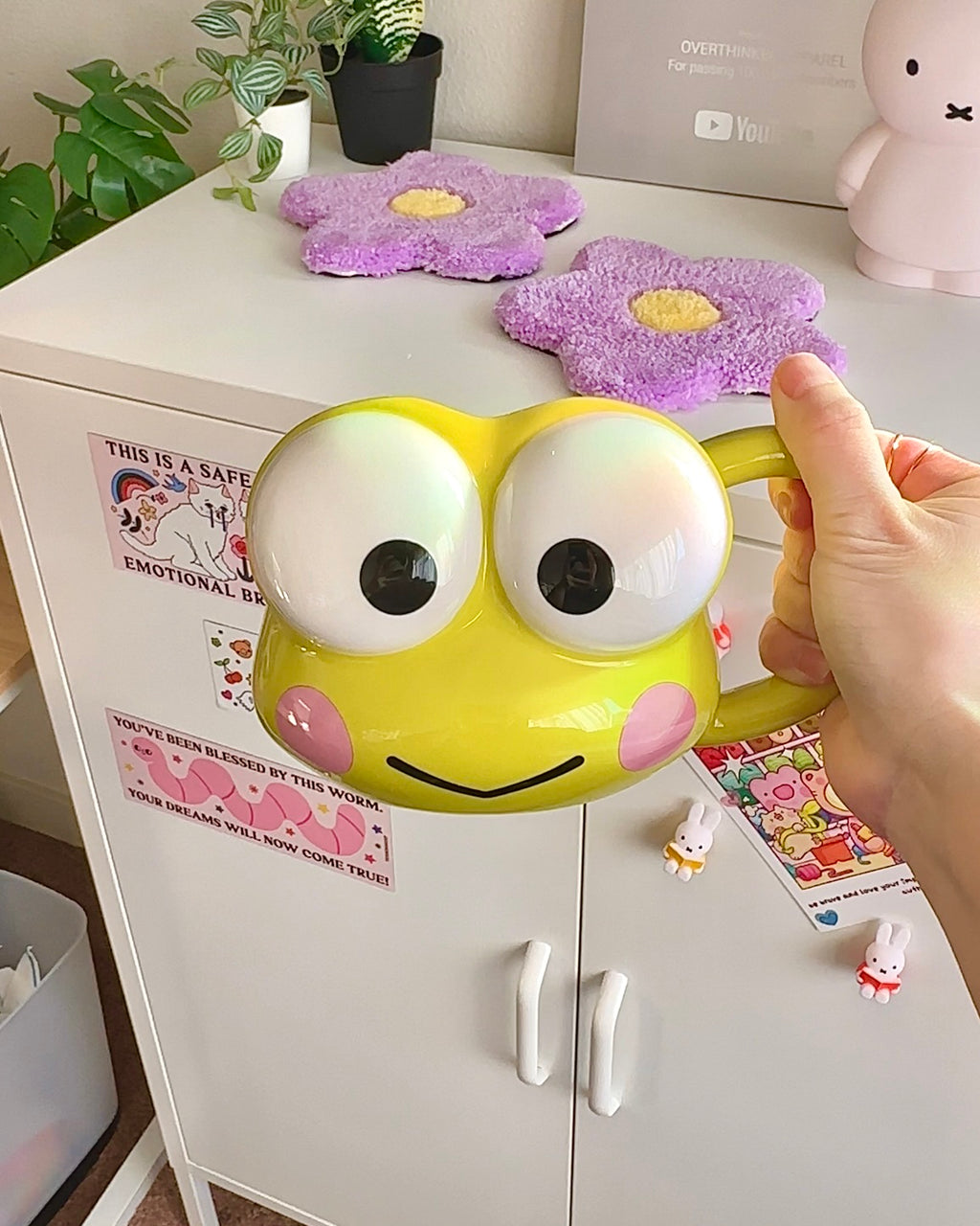 Keroppi 3D ceramic mug used as a cute desk accessory, shown in a kawaii workspace with stickers and pastel decor, oversized Sanrio collectible mug.