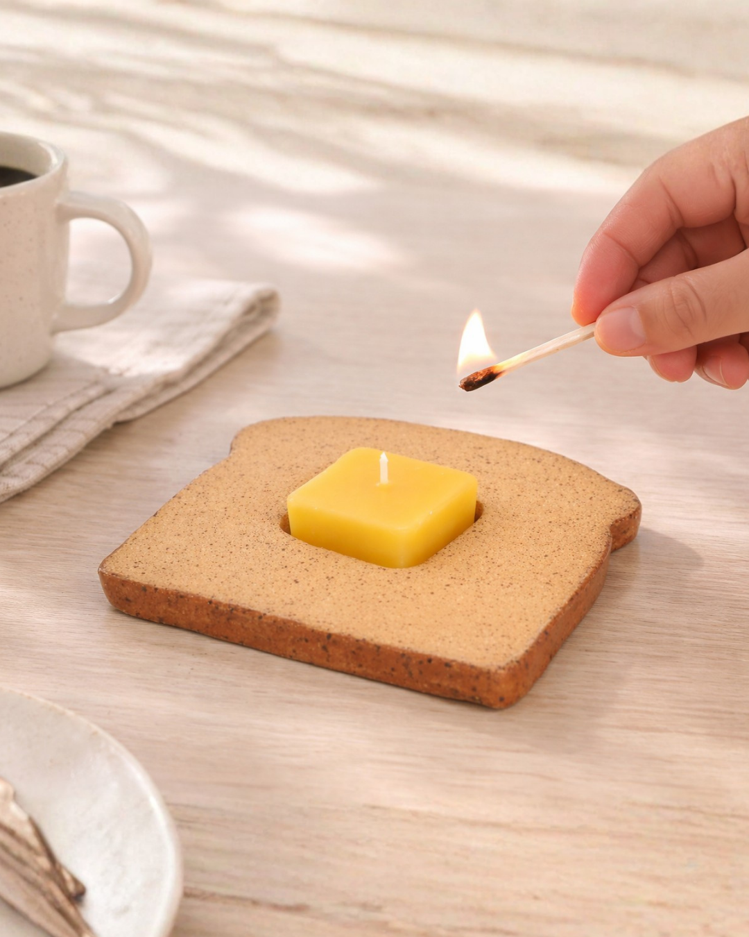 Hand lighting toast shaped candle with match on wooden breakfast table, whimsical food shaped candle for cozy kitchen decor.