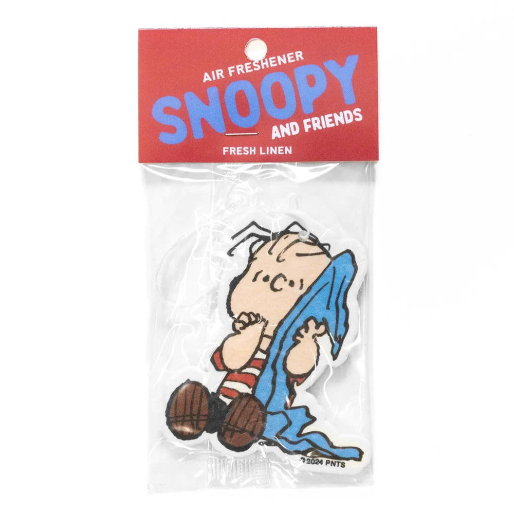 Linus air freshener in Peanuts packaging. Fresh Linen scent with soft nostalgic artwork—perfect for cozy car vibes and comfort-core fans.