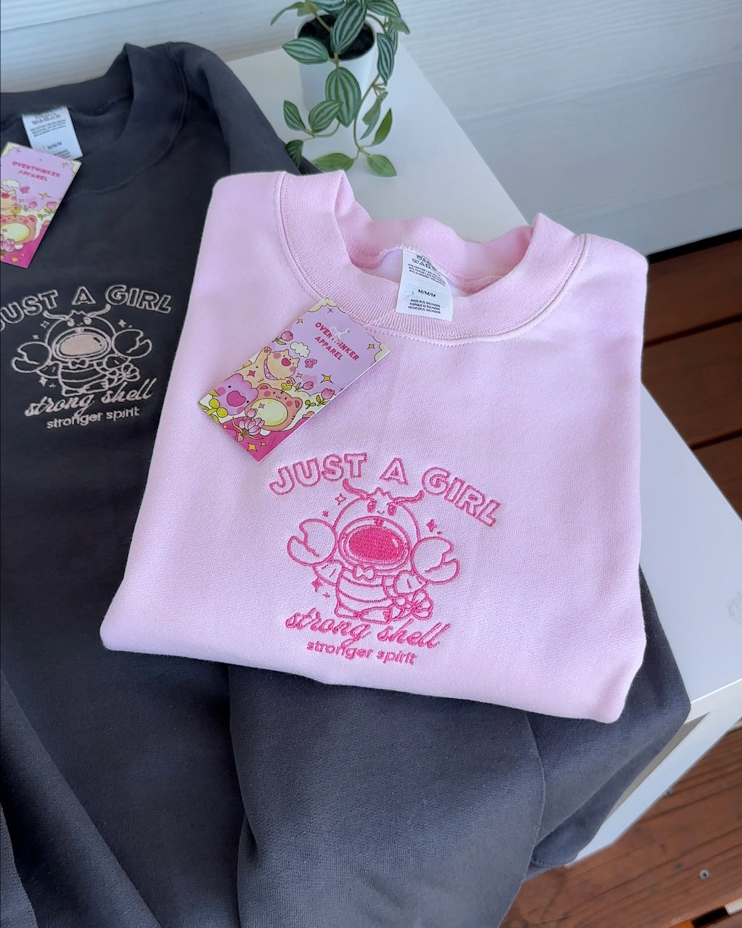 "Just A Girl: Strong Shell, Stronger Spirit" Embroidered Crewneck Sweatshirt - Oversized