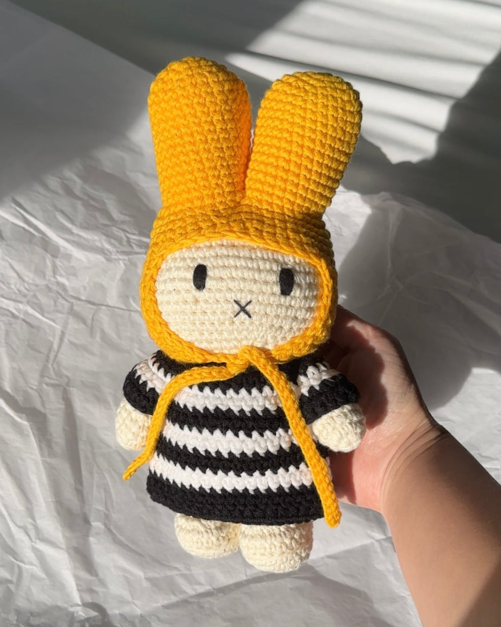 Handmade Miffy plush in black and white striped dress with yellow bonnet
