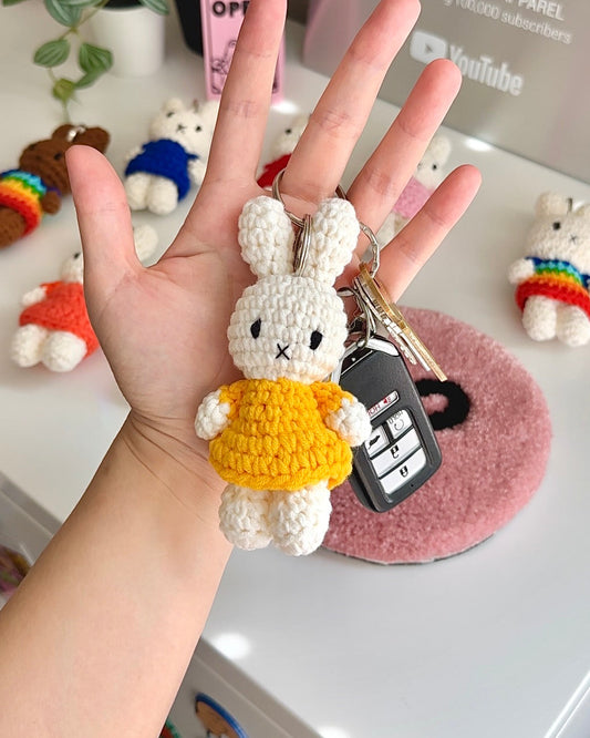 Cute and soft Miffy crochet keychain in warm yellow dress