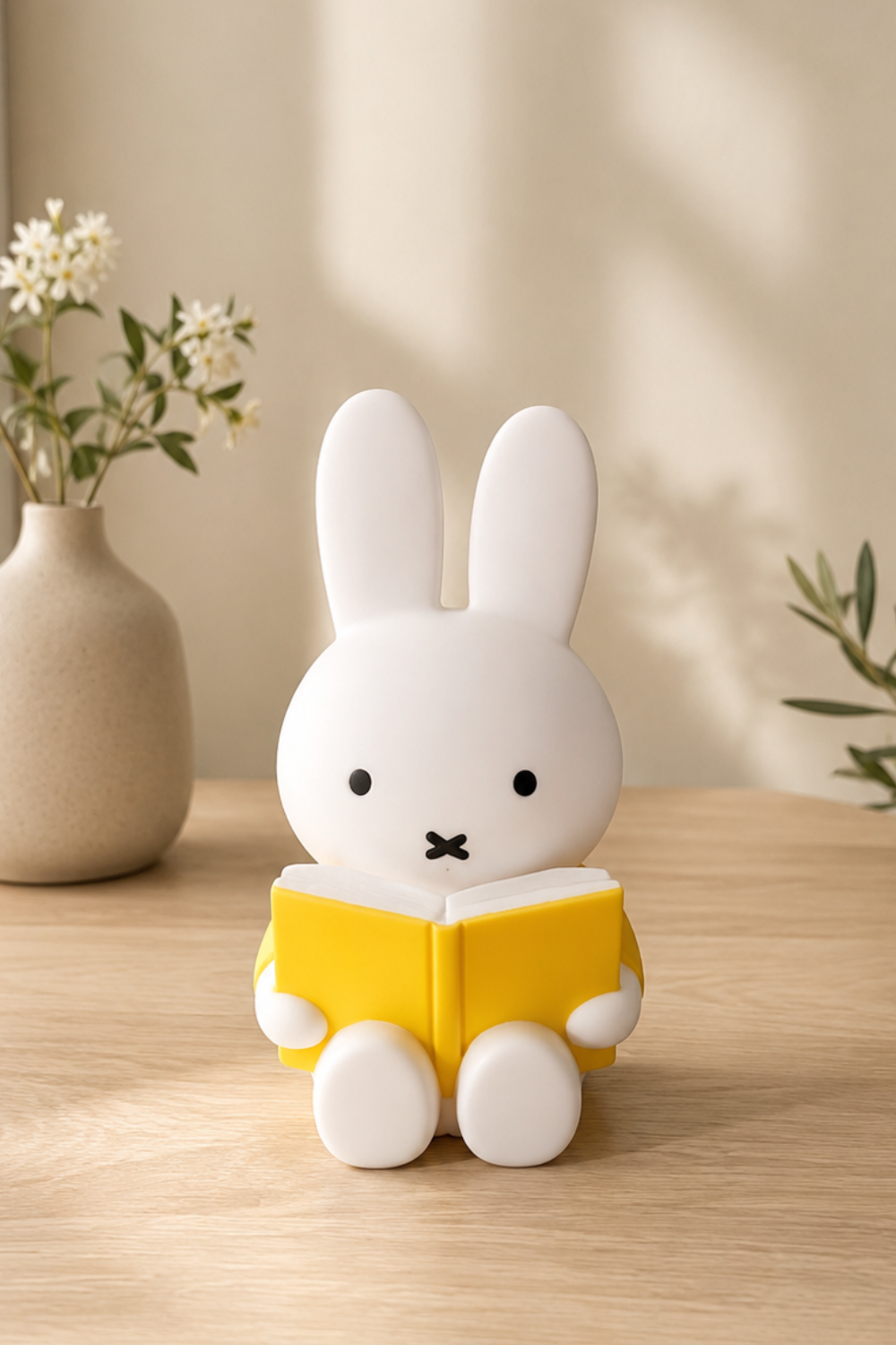 Miffy coin bank with yellow book styled on light wood with a ceramic vase and olive branch, a minimalist desk decor accent.

