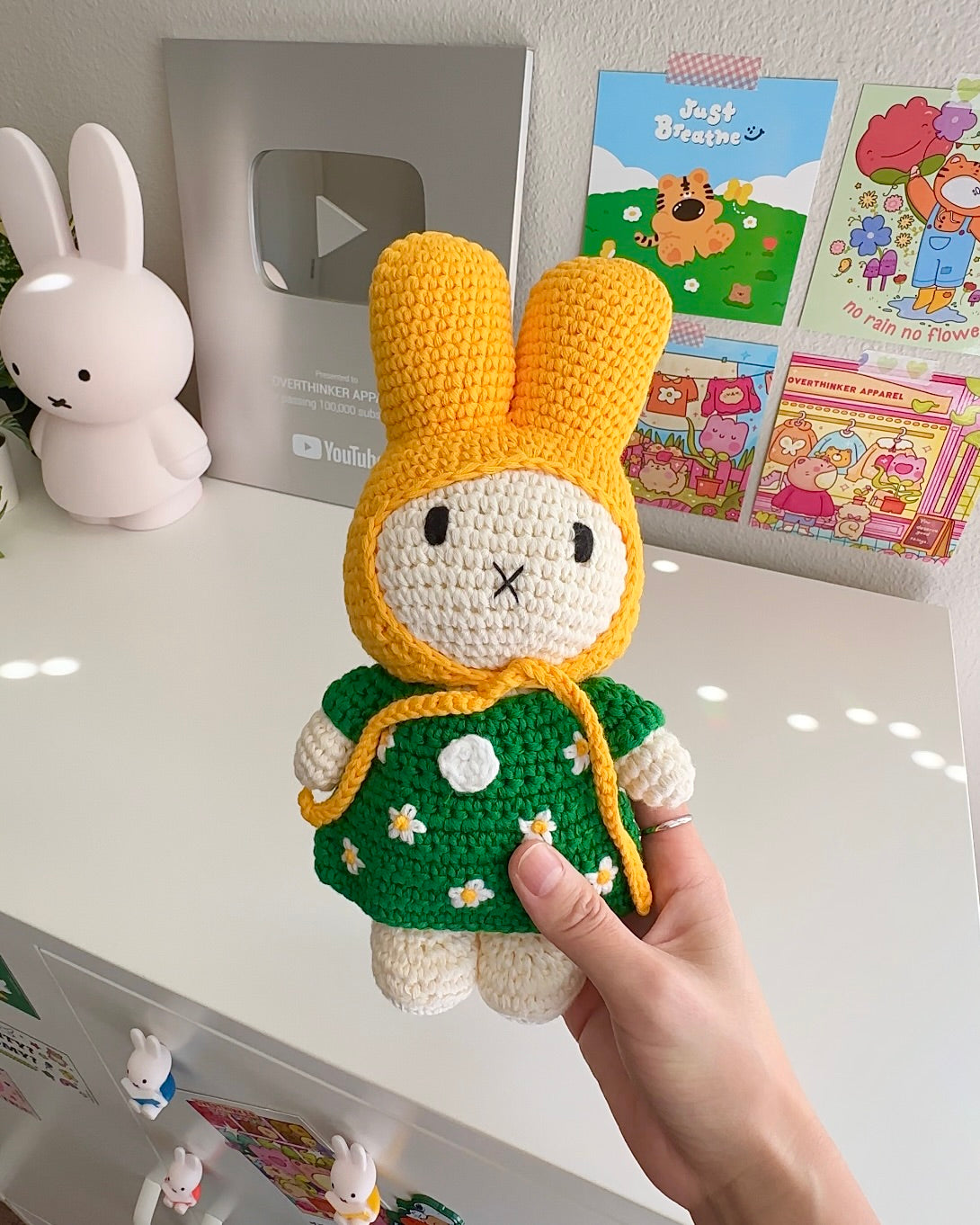Handmade Miffy crochet plush in green floral dress and yellow bonnet