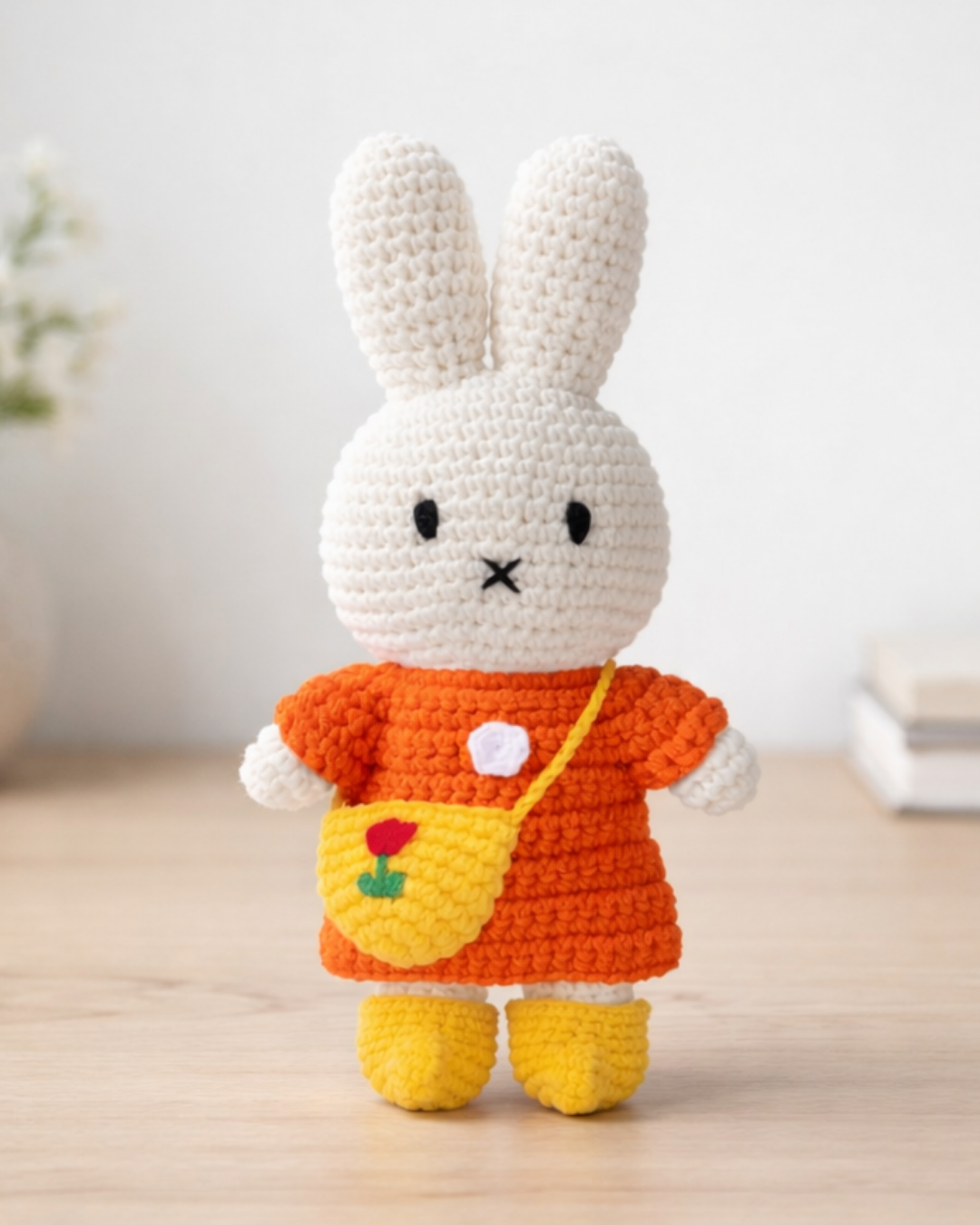 Miffy crochet bunny plush wearing orange dress and yellow bag, handmade amigurumi stuffed animal
