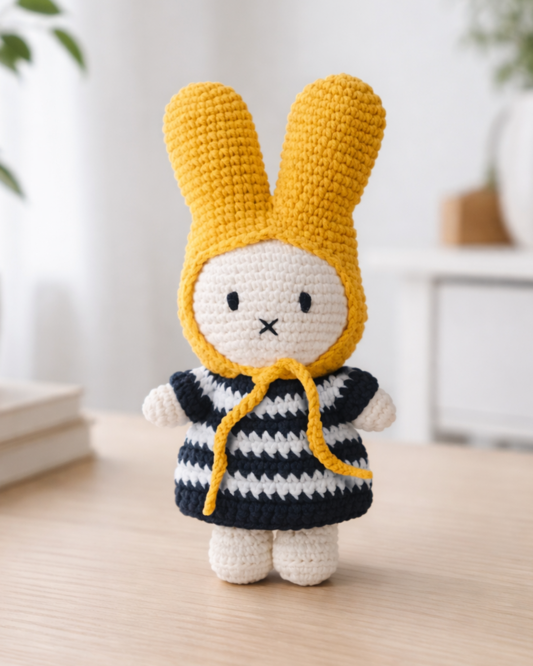 Miffy crochet bunny plush in striped dress and yellow bonnet, handmade amigurumi stuffed bunny toy