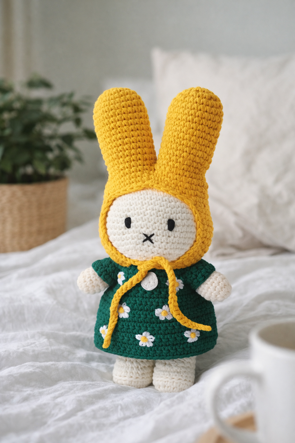 Handmade Miffy crochet bunny plush wearing yellow bonnet and green dress styled as cozy nursery decor plush
