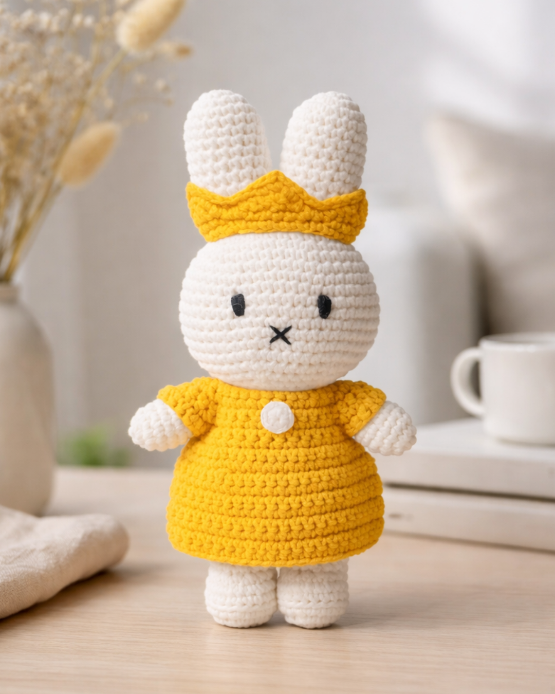 Handmade Miffy crochet bunny plush in yellow dress, cute amigurumi stuffed bunny for nursery shelf decor and baby gift
