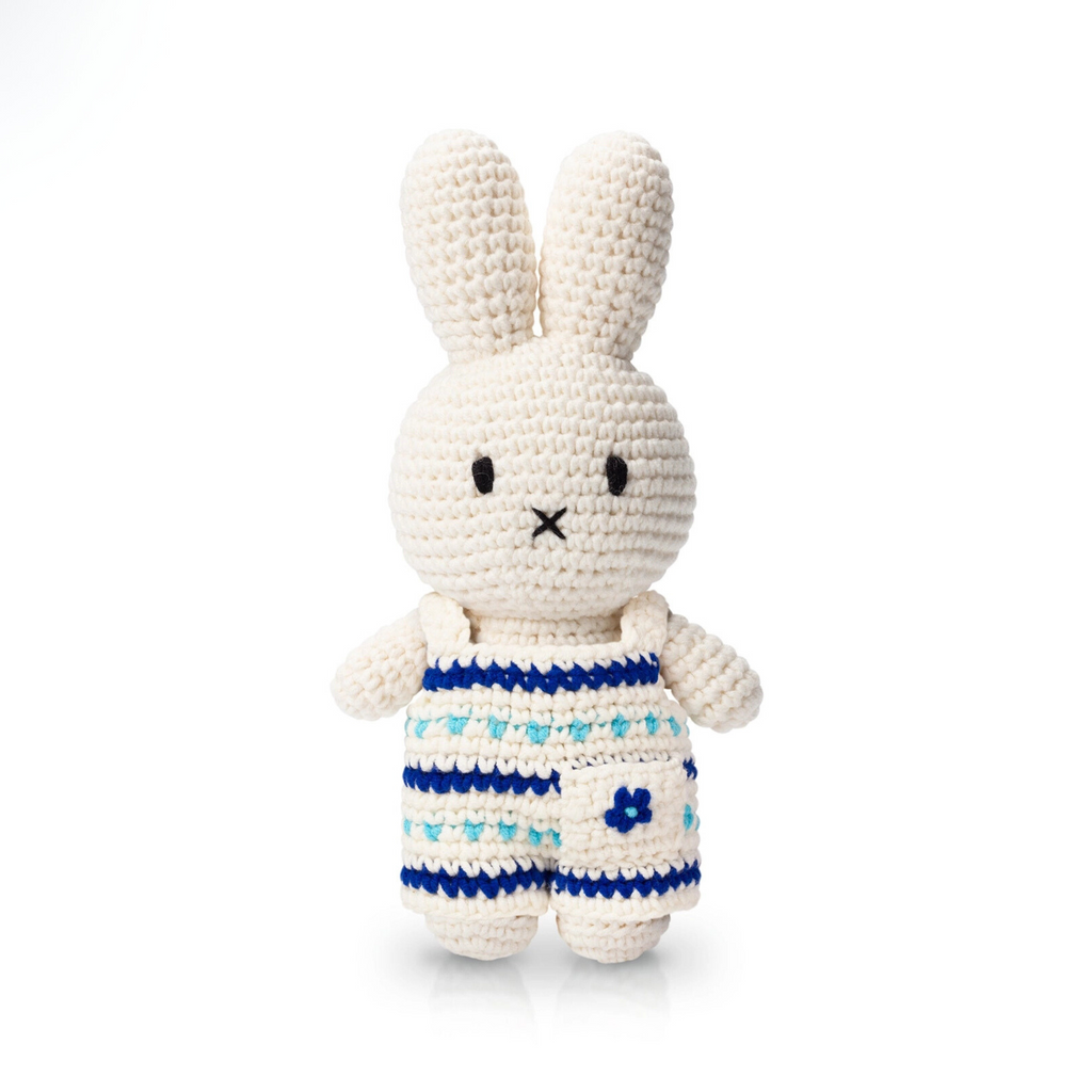Handmade Miffy crochet plush in Delft blue floral jumpsuit