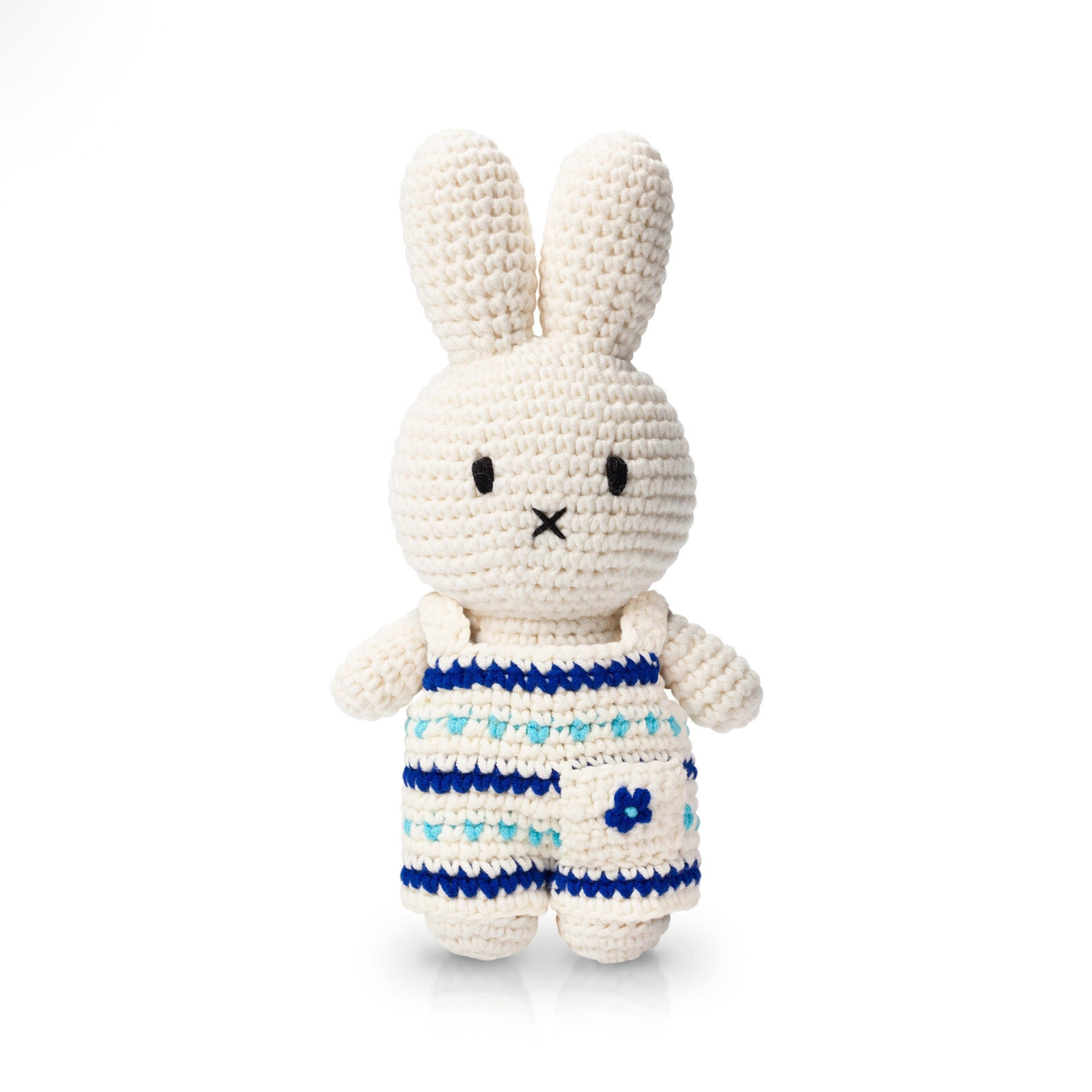 Handmade Miffy crochet plush in Delft blue floral jumpsuit