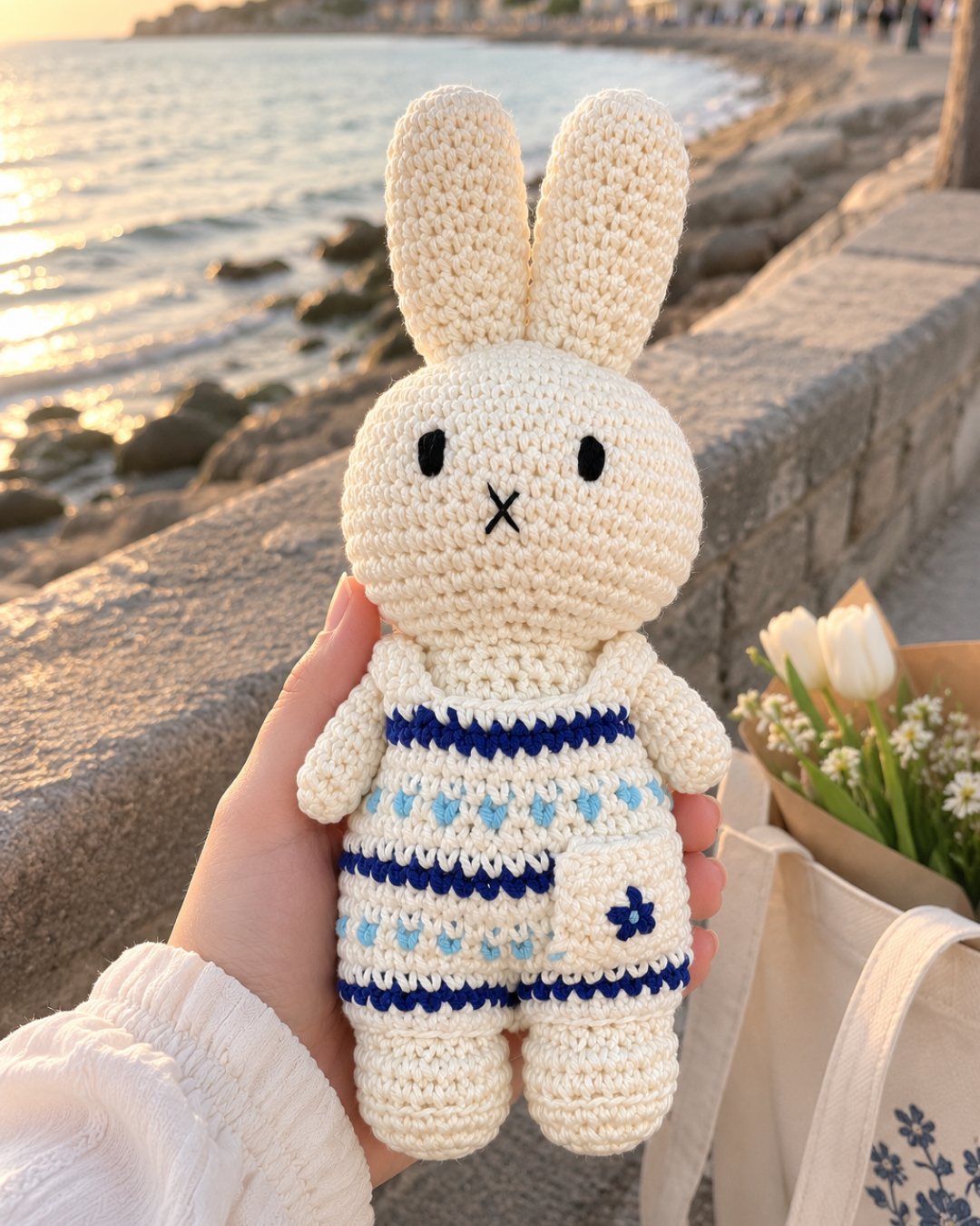 A handmade crocheted bunny doll held in a hand, set against a background of a seaside promenade at sunset with a bag of tulips nearby.
