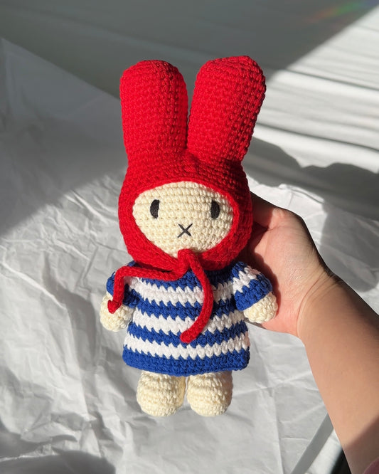 Handmade Miffy crochet plush in nautical striped dress and red bonnet