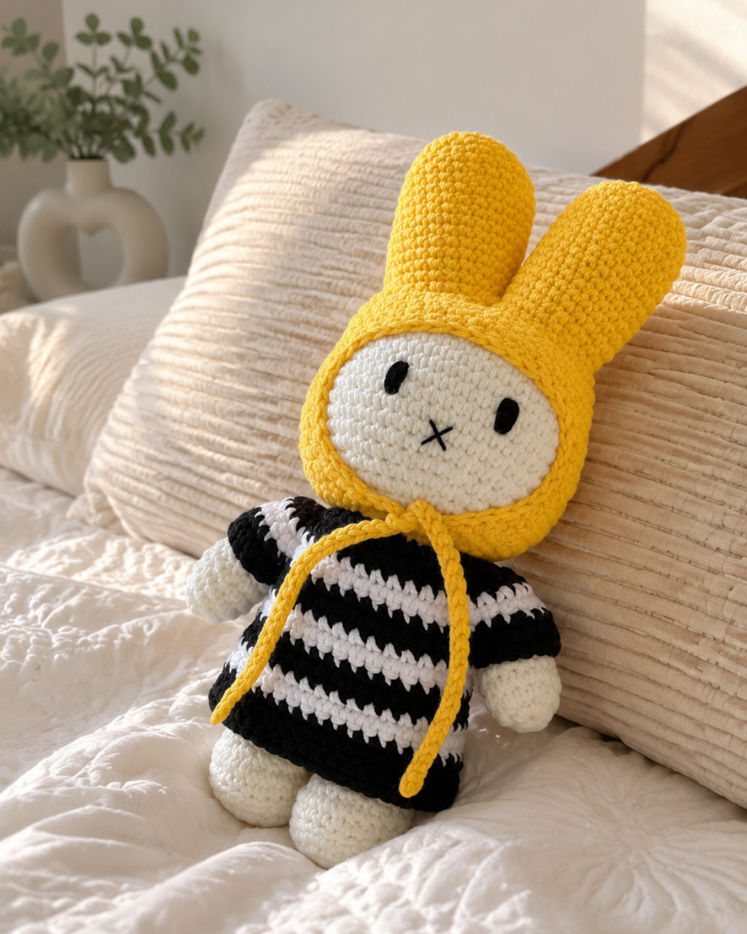 A crocheted stuffed bunny doll with long yellow ears, a white face, and a black-and-white striped outfit with yellow drawstrings, posed on a bed with cream pillows and bedding.