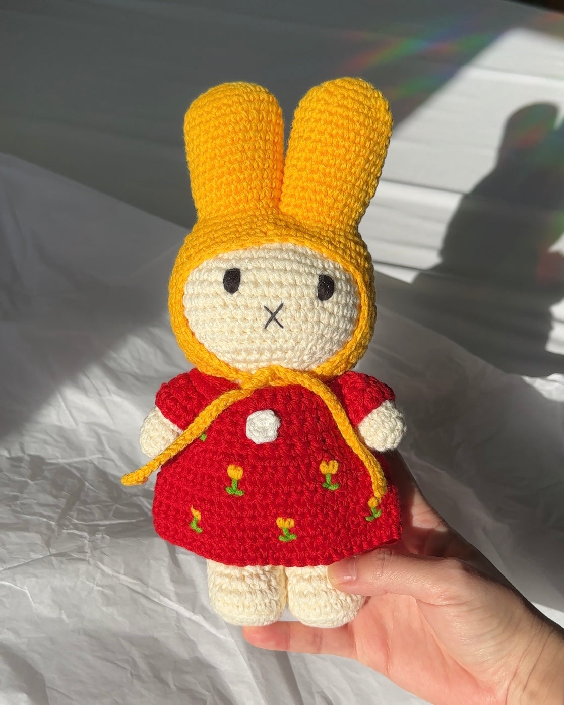 Handmade Miffy crochet plush with red tulip dress and yellow bonnet
