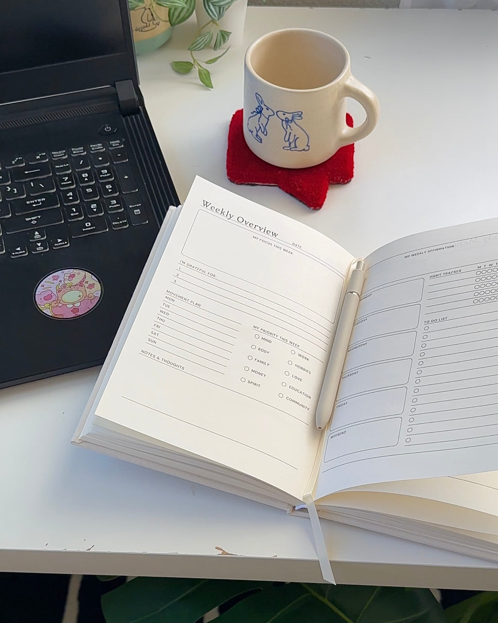 Undated daily planner open on a desk next to a laptop and ceramic mug, showing a calm and realistic work-from-home productivity setup.