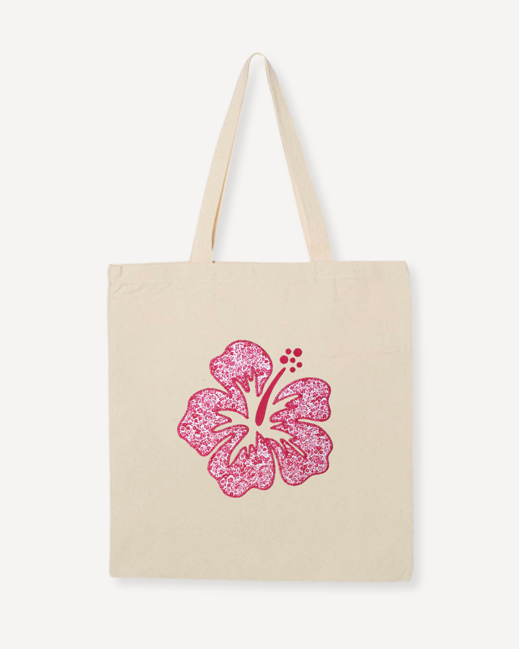 Natural canvas tote bag with pink hibiscus patchwork embroidery, regular size everyday floral tote for errands, market, or beach
