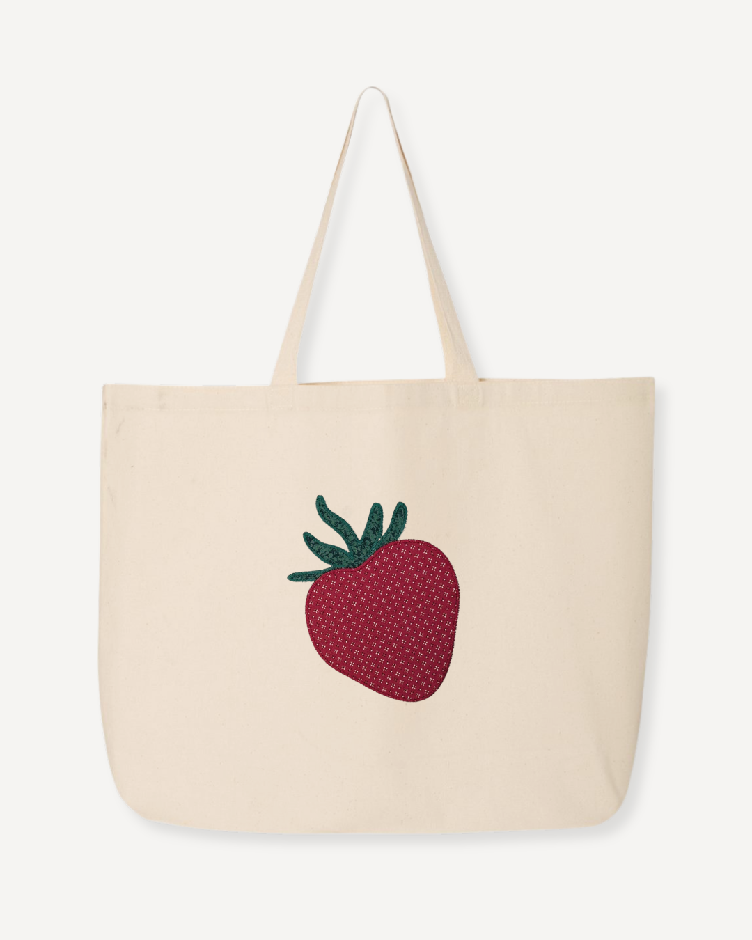 Oversized natural canvas tote bag with strawberry embroidery and gingham detail, large cotton tote for everyday, errands, or travel