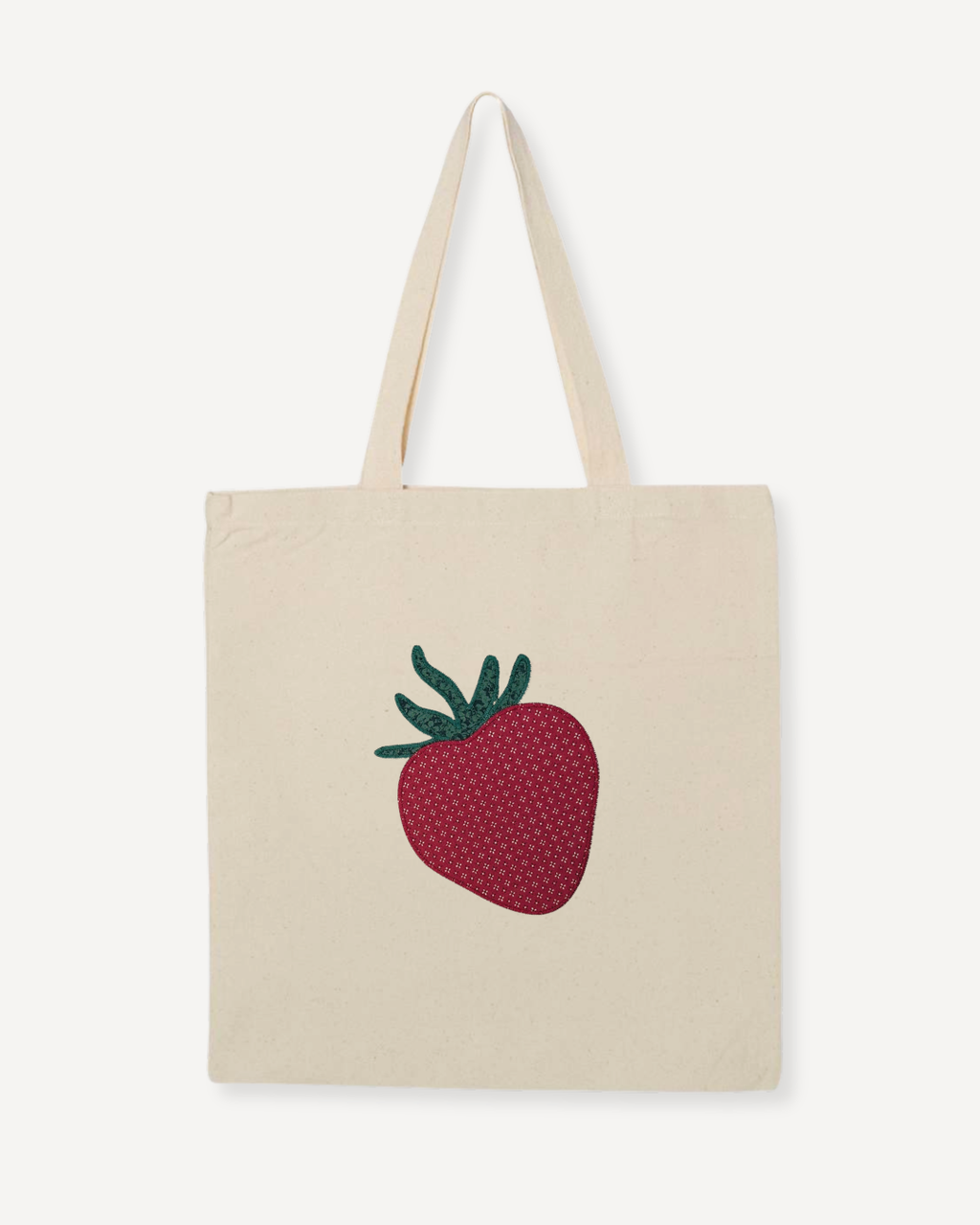 Natural canvas tote bag with strawberry embroidery, regular size cotton tote for everyday essentials, errands, or light carry