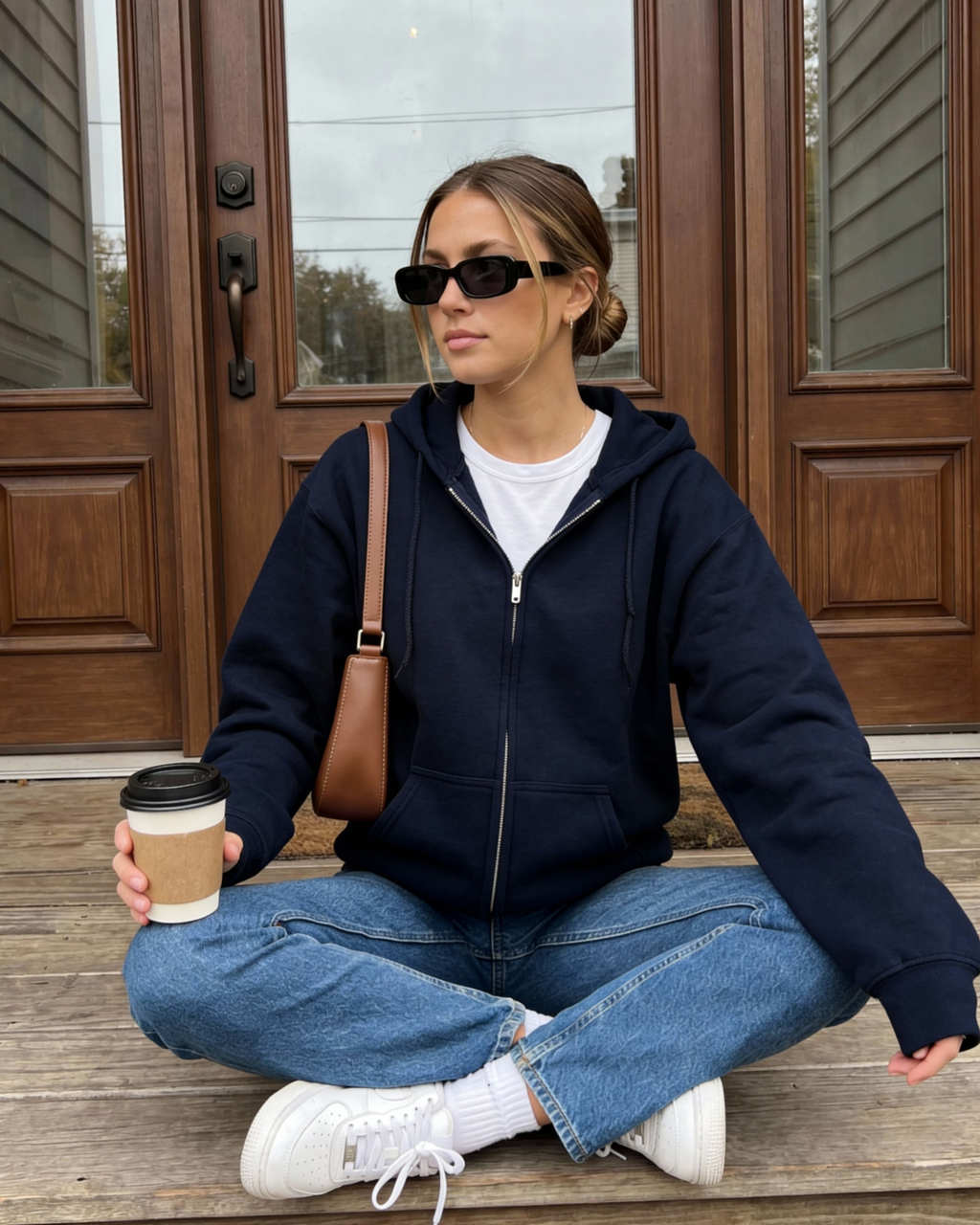 Front view of a navy zip up hoodie with a relaxed fit and soft fleece fabric, styled casually for everyday comfort and layering