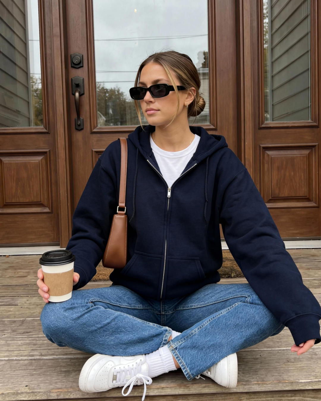 Front view of a navy zip up hoodie with a relaxed fit and soft fleece fabric, styled casually for everyday comfort and layering