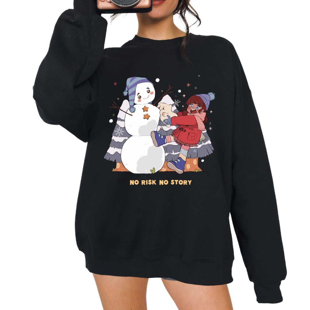 Model wearing a black graphic crewneck sweatshirt with a nostalgic winter illustration and the phrase “No risk, no story,” styled casually for a cozy, reflective everyday look.