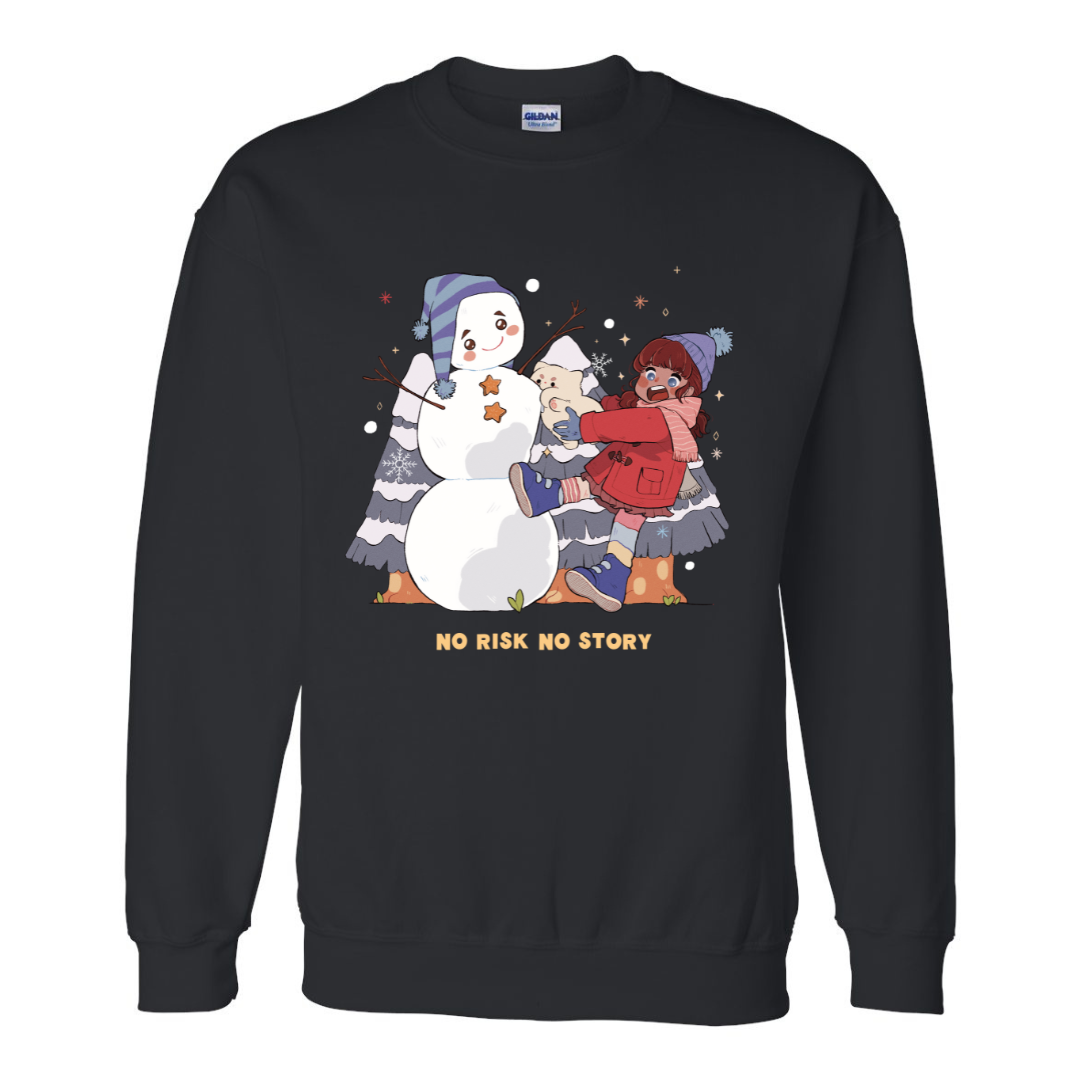 Black unisex crewneck sweatshirt shown flat with a winter-themed illustrated graphic and the phrase “No risk, no story,” designed for everyday comfort and thoughtful wear.