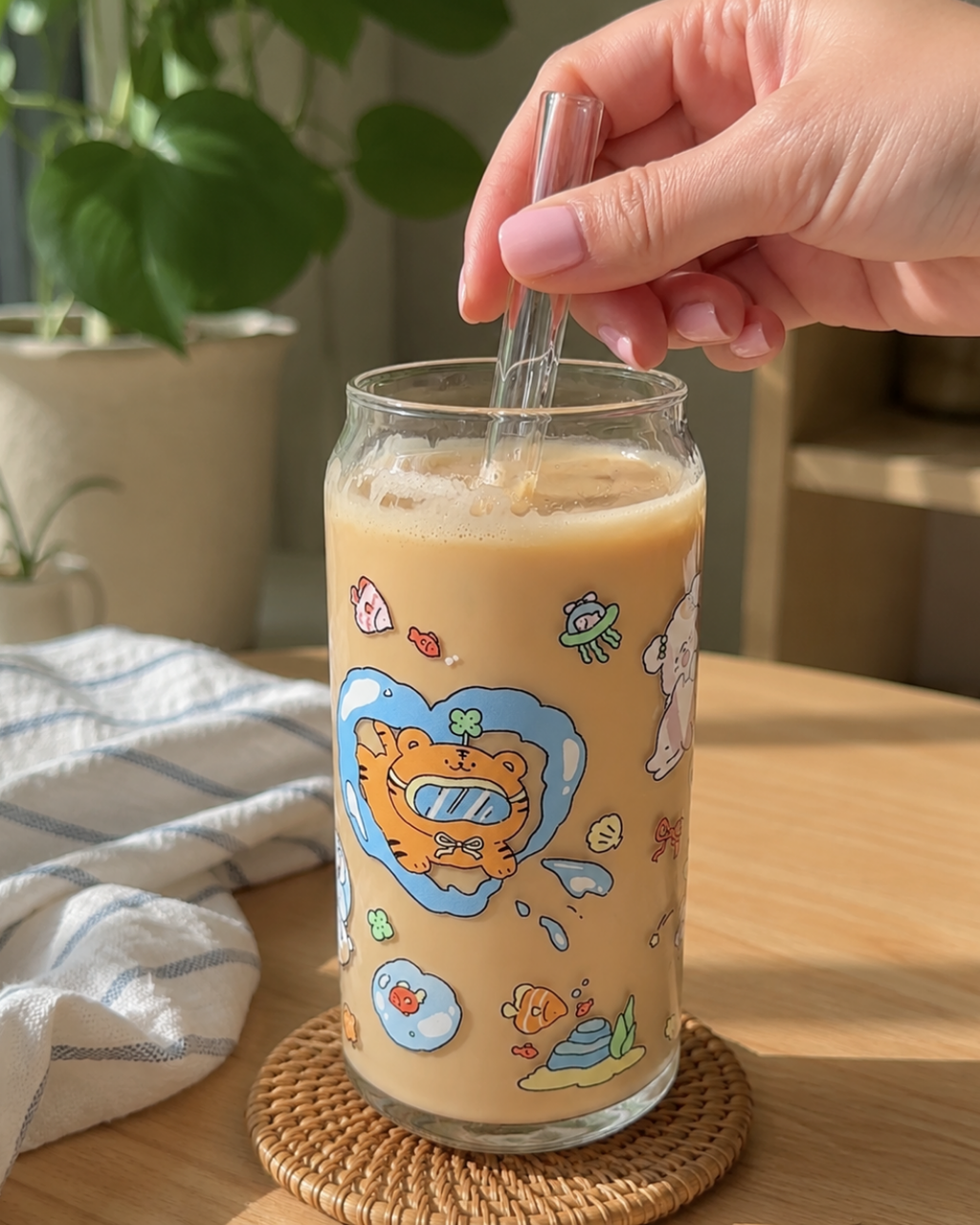 A hand with pink manicured nails holds a clear glass straw above a clear glass can cooler decorated with cute cartoon characters, filled with a light brown iced drink, set on a woven coaster on a wooden table.