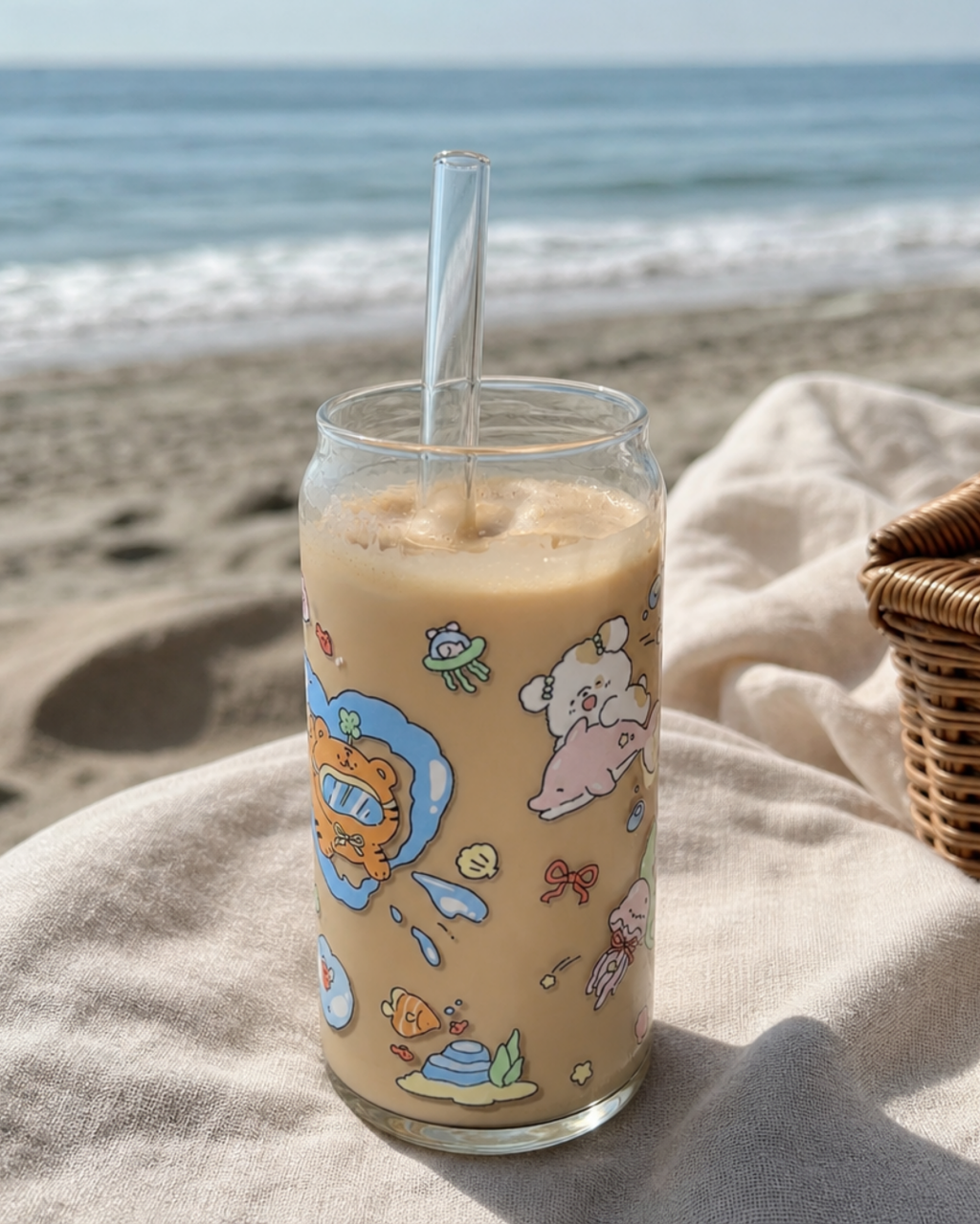 A clear glass tumbler with a clear straw, filled with an iced coffee drink, decorated with colorful cartoon sea creatures and set on a beach blanket with the ocean in the background.