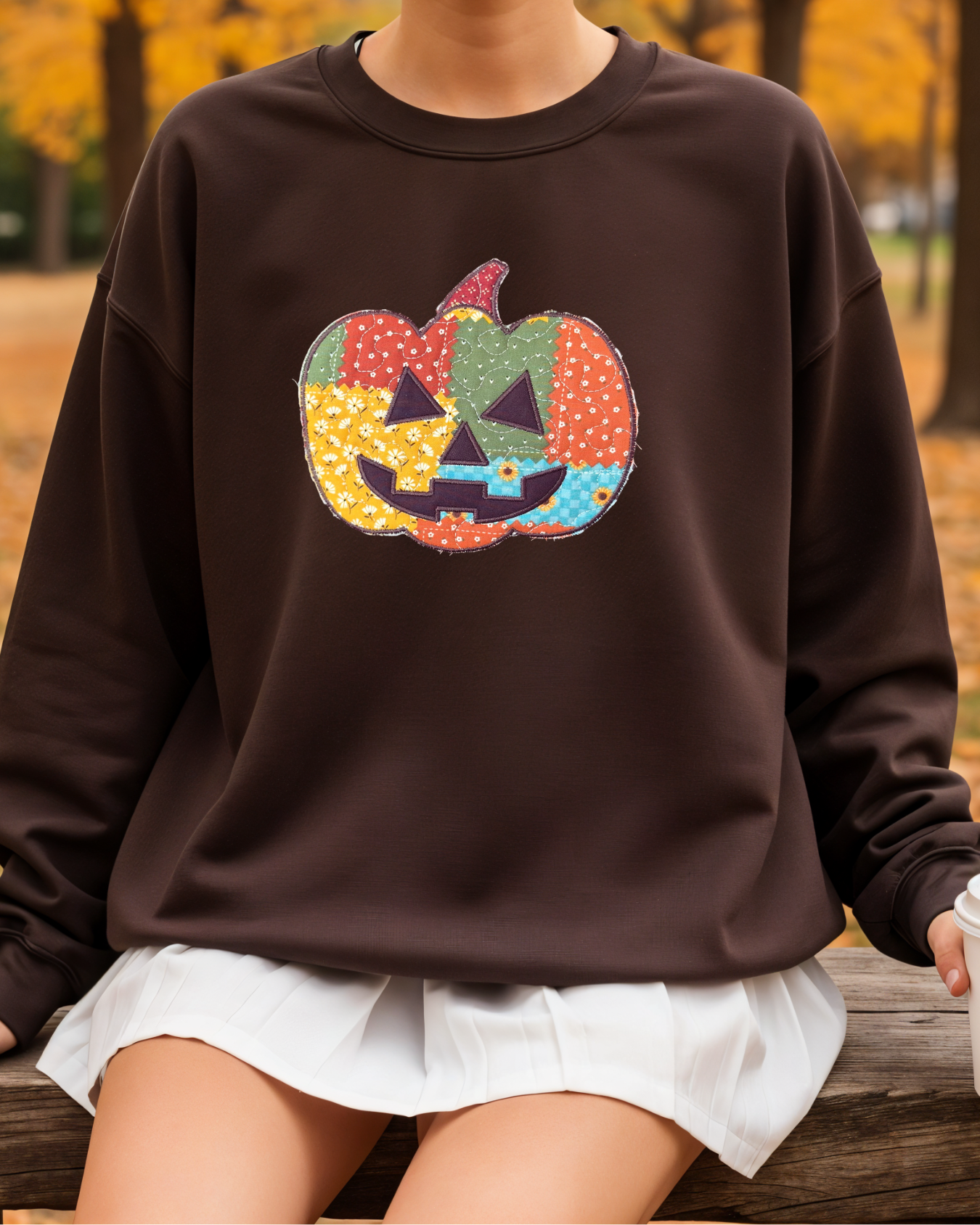Person sitting outdoors in autumn wearing a brown sweatshirt with colorful patchwork jack-o’-lantern applique on the front.