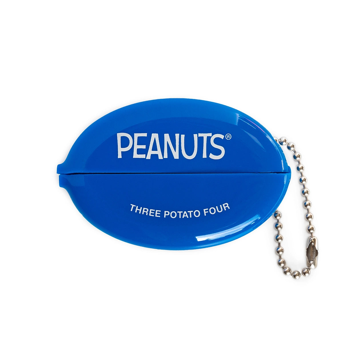 Flat lay of blue Peanuts coin pouch with white “Peanuts” and “Three Potato Four” branding. Vintage-inspired oval shape with attached silver ball chain for easy keyring use.
