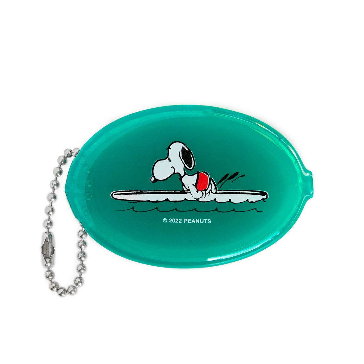 Back view of the PEANUTS® green coin pouch featuring Snoopy on a surfboard. A playful, summer-ready design made from durable retro vinyl—great for storing coins or small items with classic comic charm.