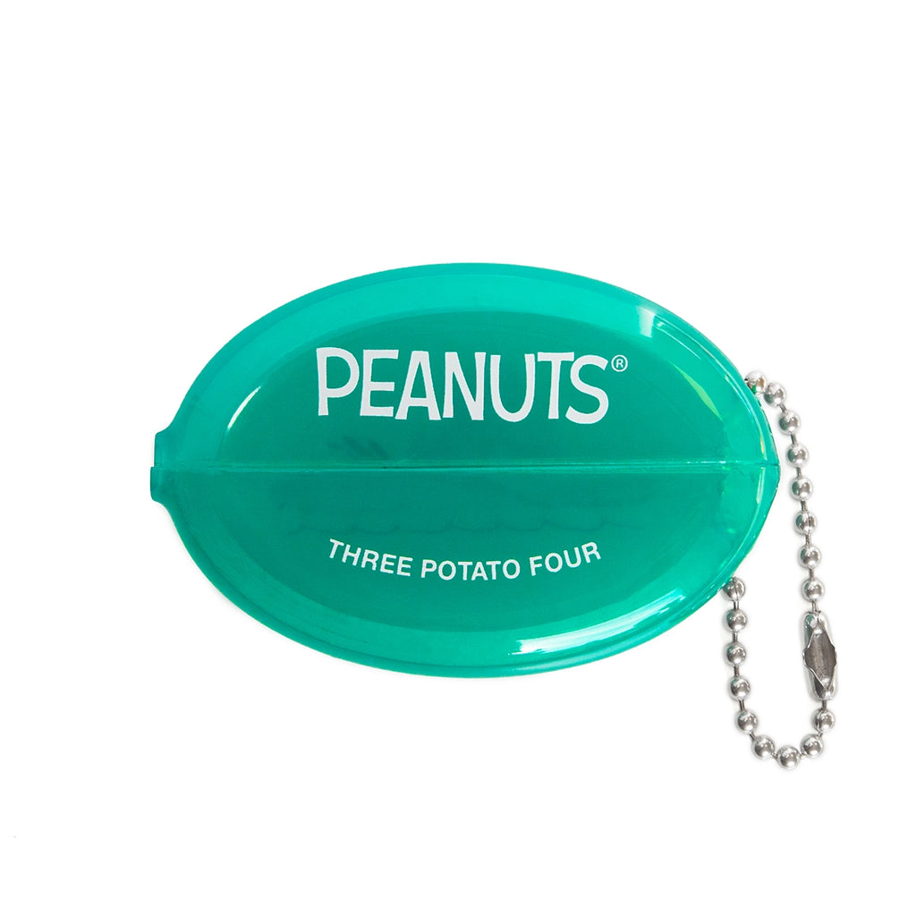 Vintage-style PEANUTS® green vinyl coin pouch featuring white PEANUTS and Three Potato Four logos on the front. A nostalgic snap-top pouch perfect for holding coins, keys, or tiny essentials—ideal for retro lovers and Snoopy fans.