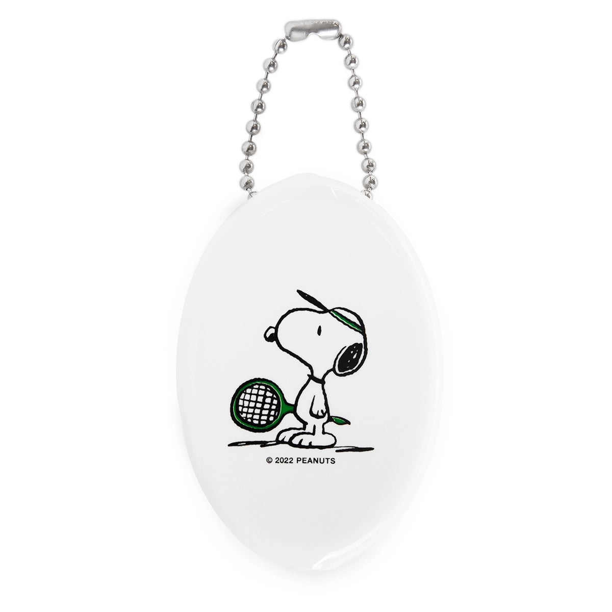 Back of white PEANUTS coin pouch featuring Snoopy holding a tennis racket, with silver keychain and minimalist design.