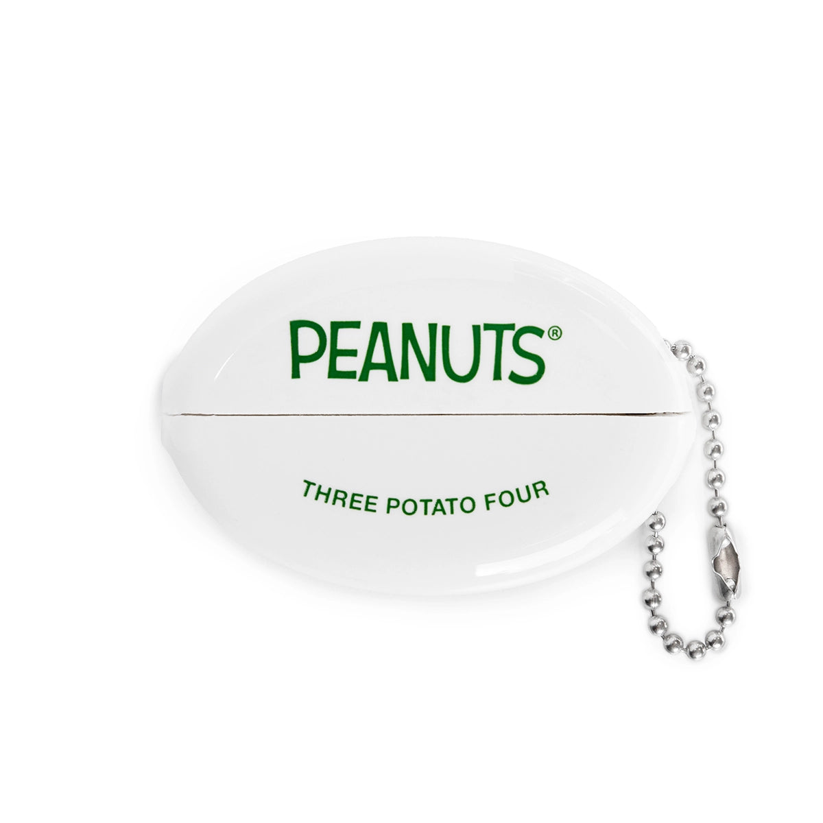White PEANUTS x Three Potato Four coin pouch with green logo text and silver keychain, front view.