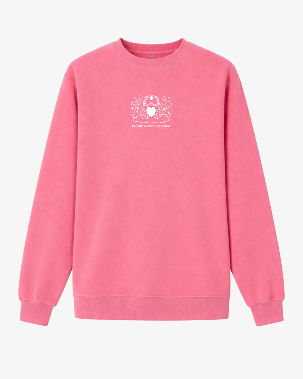 Pink oversized crewneck sweatshirt with small white bear graphic and “Be Gentle With Yourself” text on front, cute graphic sweatshirt for women and teens.