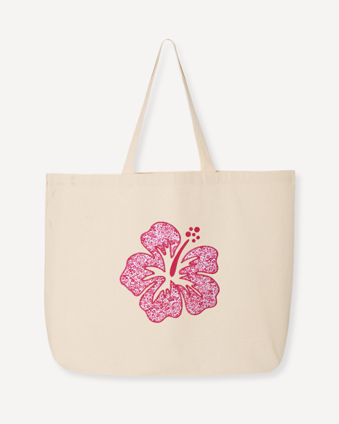 Oversized natural canvas tote bag with pink hibiscus embroidery and bottom gusset, large floral tote for everyday, beach, or travel