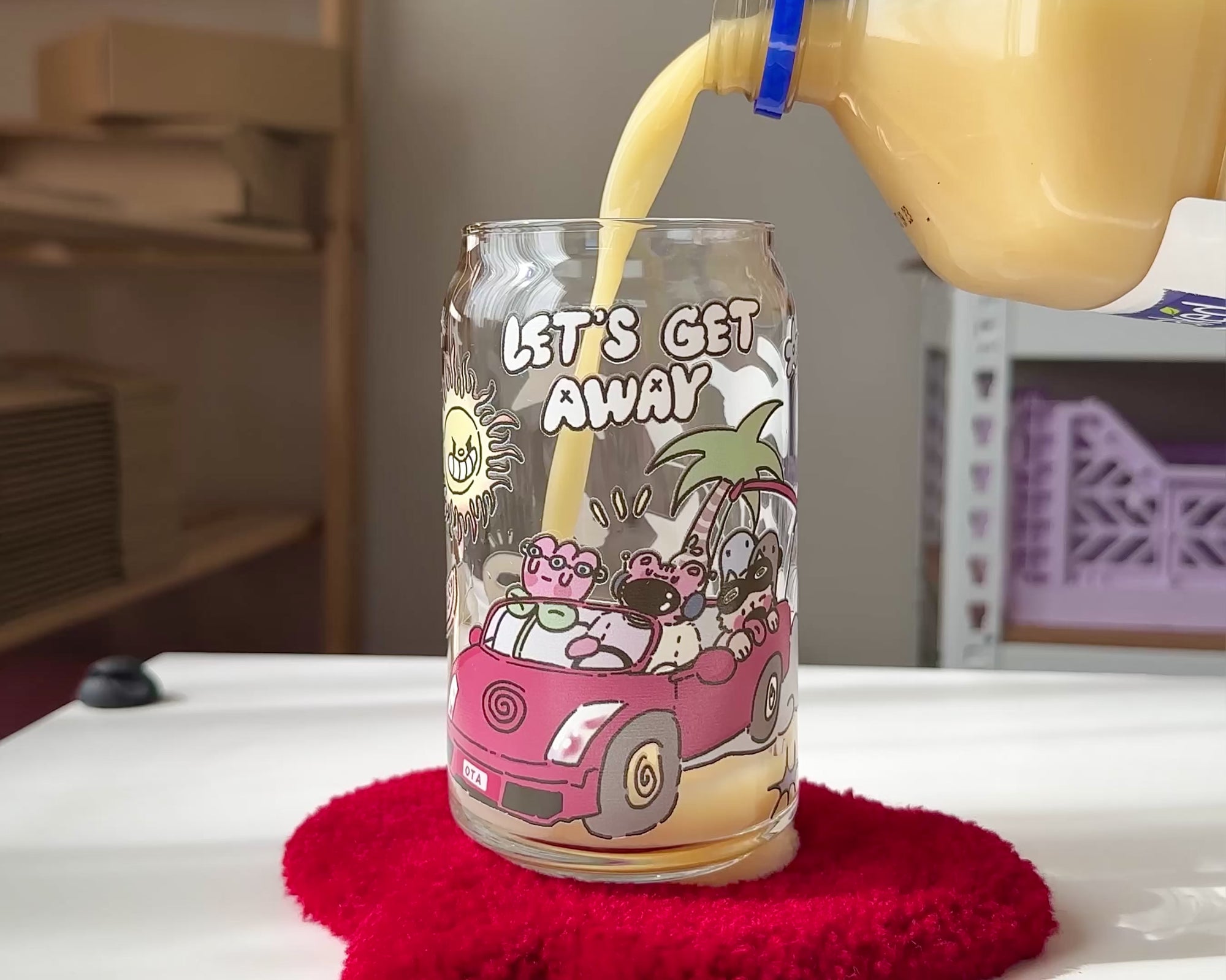 Let’s Get Away 16 oz Glass Tumbler – Road Trip Iced Coffee Cup for Dorm & Study Days